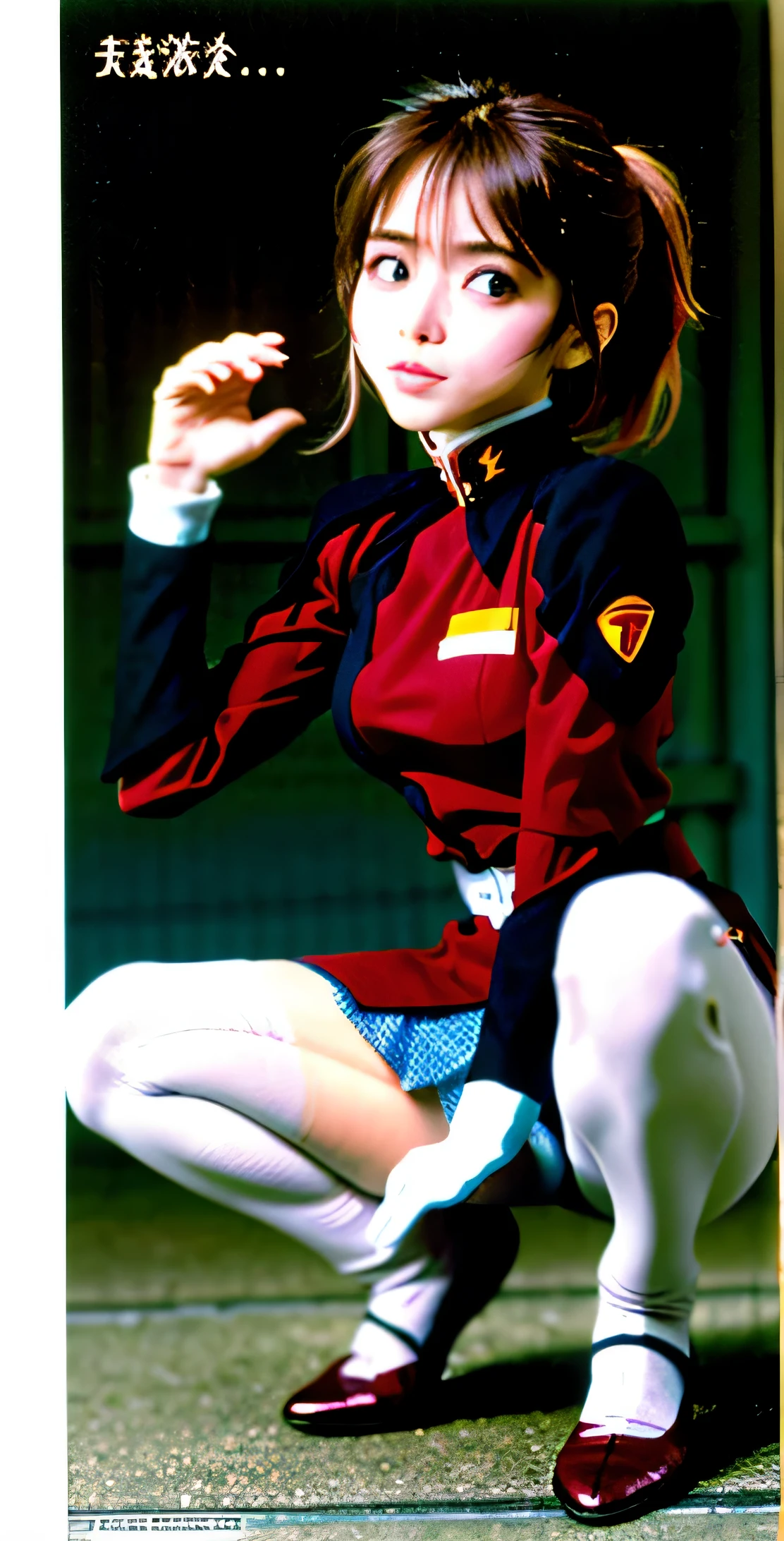 real photos、16K best image quality、raw photo,realistic,real image、real person,detailed face、japanese actress,squat and open your legs、cute、beautiful and best smile、(white panties:1,4)、Shikoshiko with right hand、federal army uniform miniskirt、Yuko Sugai、japanese woman, 、ponytail、Satomi Ishihara、pretty girl、white pantiesーが丸見え、(white pantiesー:1.3)、super mini skirt、beautiful thighs、white pantiesー、Her miniskirt is flipped up and her white panties are visible.