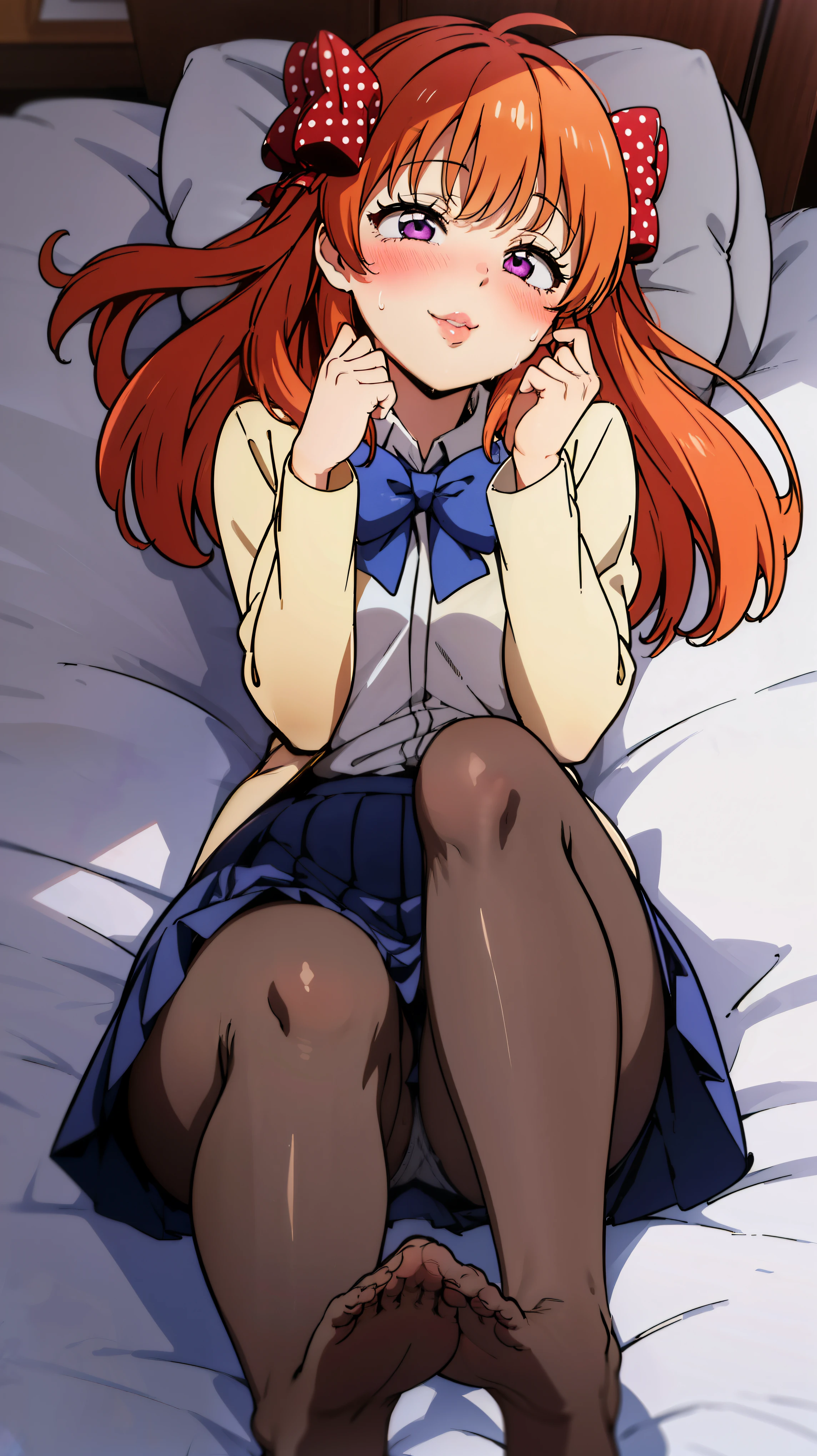 (1 girl), brown hair、sakura chiyo、1 person、pose to seduce a man、high school girl、big lips, anime, beautiful lips,, ((highest quality)), on the bed、soft shading, High resolution, sexy pov, big lips, big lips,x ornament, ornament, duck face, Lip Focus, glossy lips、sweaty、white shirt、skirt、Red face in heat、blush、Ahegao、-faceale student、smile、show the soles of your feet、beautiful feet、black tights、grinning