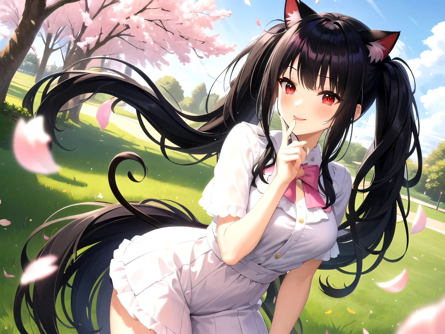 obra maestra, Mejor calidad, 1 chica, solo,((long hair with pigtails and a black fringe with cat ears, beautiful red eyes)), (sonrisa, rubor, la camisa negra, mangas cortas, vaqueros, parque, al aire libre, mirando al espectador, desde arriba, pecho mediano, , (fondo Flores de cerezo, tree, luz de sol, pink petals))