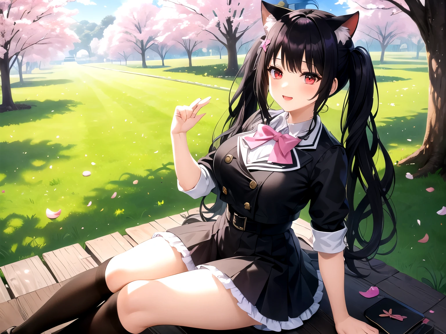 obra maestra, Mejor calidad, 1 chica, solo,((long hair with pigtails and a black fringe with cat ears, beautiful red eyes)), (sonrisa, rubor, la camisa negra, mangas cortas, vaqueros, parque, al aire libre, mirando al espectador, desde arriba, pecho mediano, , (fondo Flores de cerezo, tree, luz de sol, pink petals))