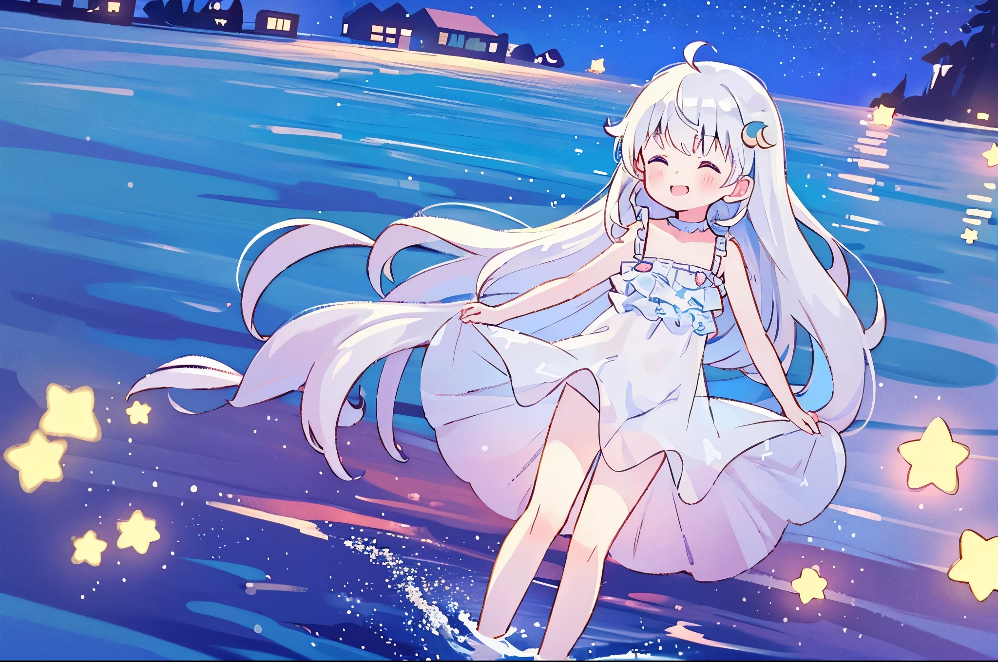 an ocean of stars, night sky, colorful, ethereal, charming girl in a white sheer babydoll dress, white hair, walking on the water, Her smile was filled with tenderness and joy, giant crescent white moon dipping into the water in the background, (((((((stars))))))