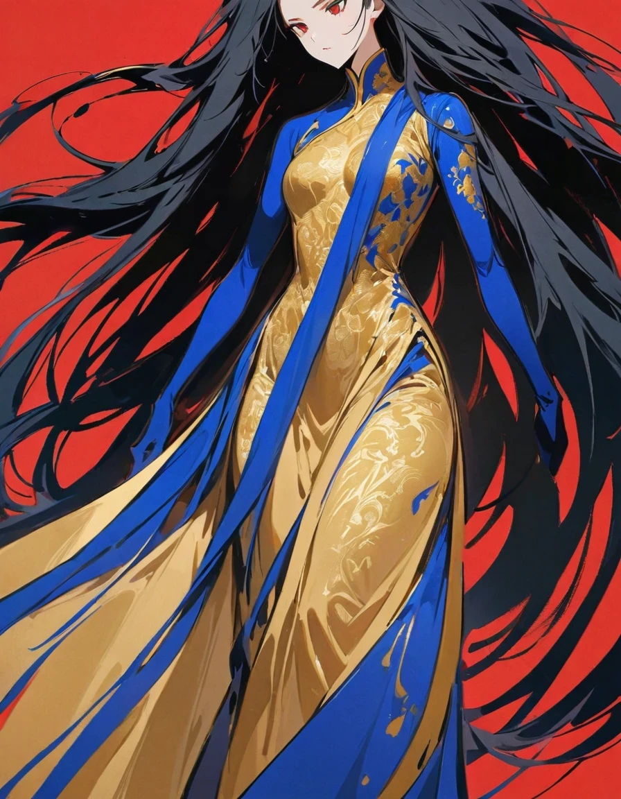  Female knight with exaggerated posture, Royal blue and gold fabric, Contrasting long hair, minimalist art, Pure Klein red background,ink ，ink，Supremacist style 