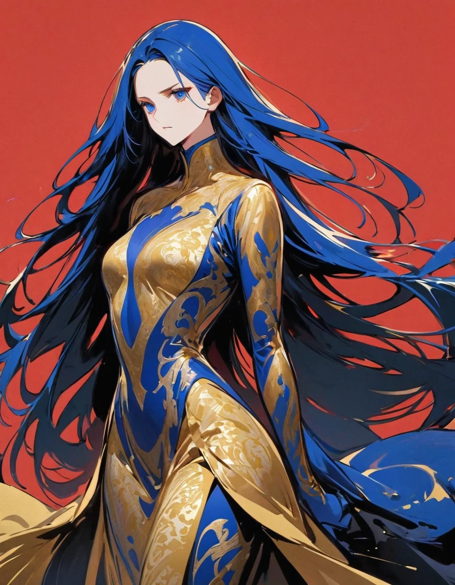  Female knight with exaggerated posture, Royal blue and gold fabric, Contrasting long hair, minimalist art, Pure Klein red background,ink ，ink，Supremacist style 