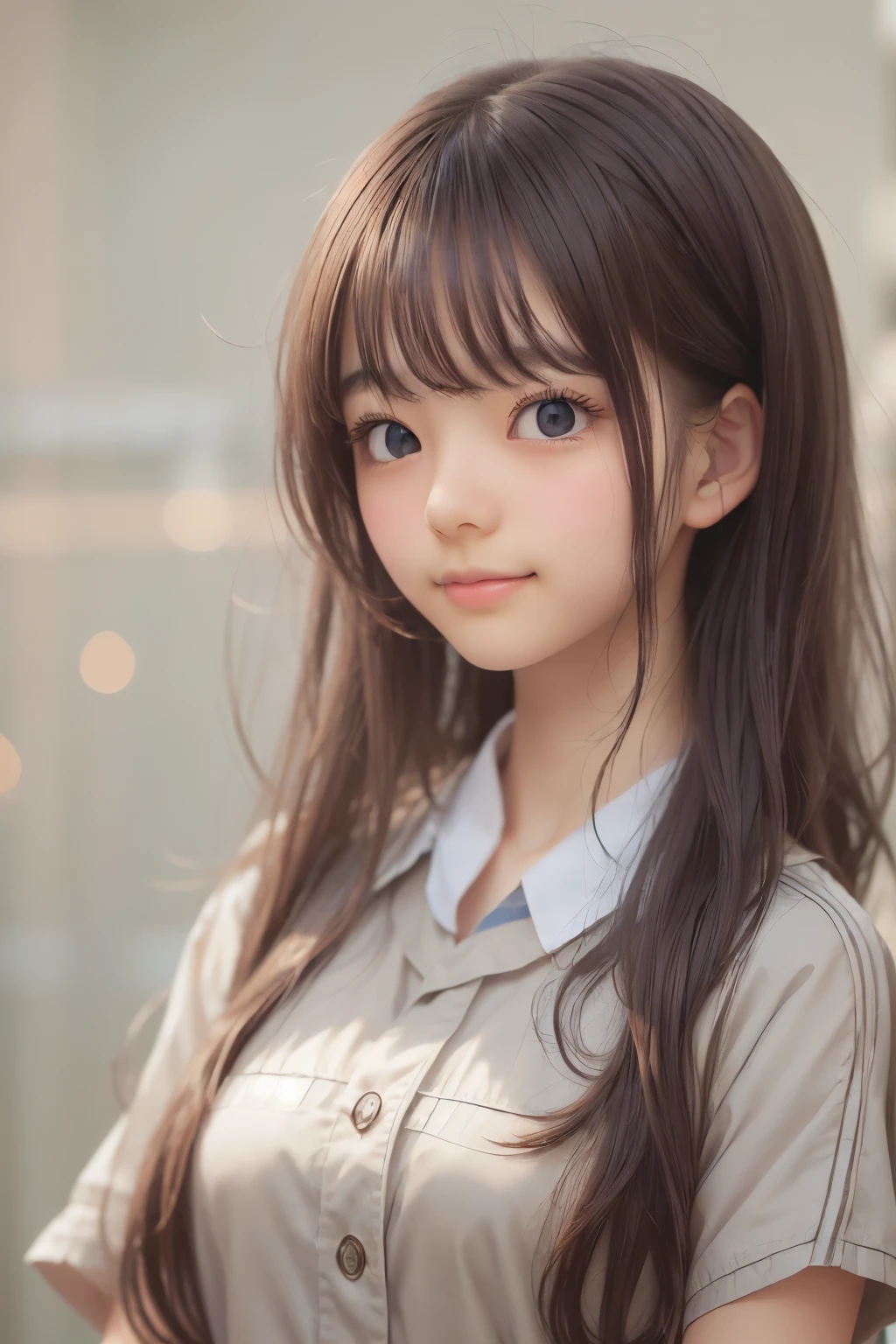 ((sfw: 1.4)), ((detailed face, professional photography)), ((sfw, Blouse, skirt, from behind, 1 Girl)), Ultra High Resolution, (Realistic: 1.4), RAW Photo, Best Quality, (Photorealistic Stick), Focus, Soft Light, (()), ((Japanese)), (( (young face))), (surface), (depth of field), masterpiece, (realistic), woman, bangs, ((1 girl))
