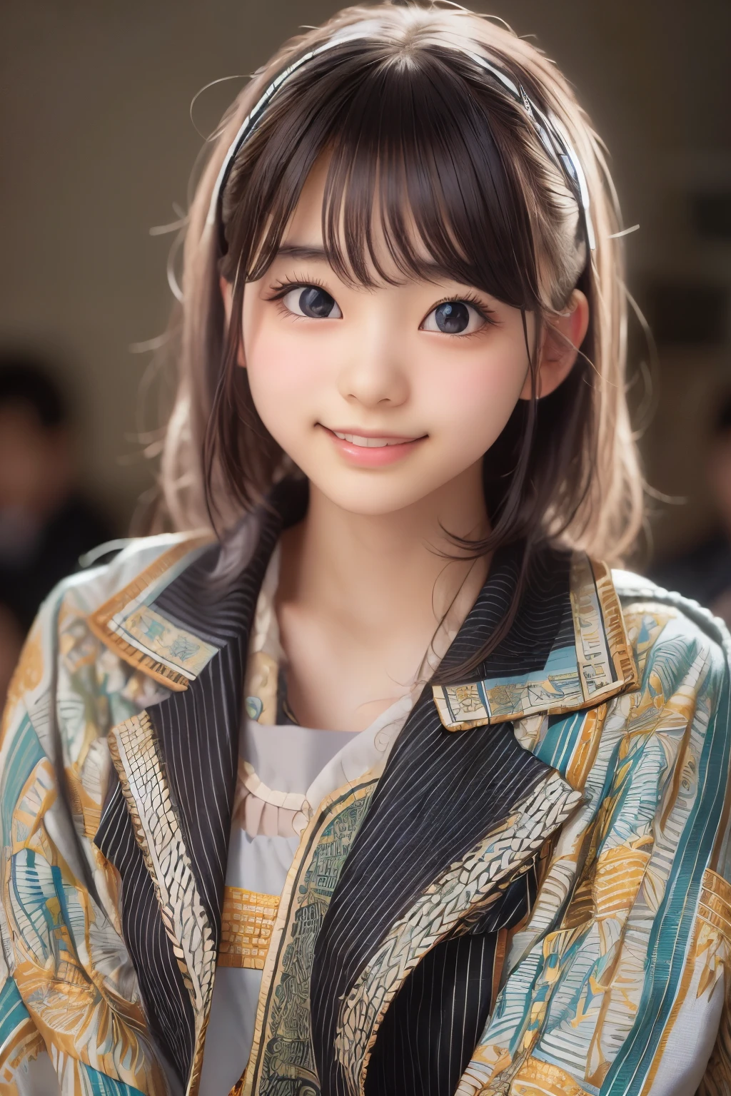 ((sfw: 1.4)),((detailed face, professional photography)), ((sfw, idol uniform , mic , stage, smile, 1 Girl, flat chest)), Ultra High Resolution, (Realistic: 1.4), RAW Photo, Best Quality, (Photorealistic Stick), Focus, Soft Light, ((15 years old)), ((Japanese)), (( (young face))), (surface), (depth of field), masterpiece, (realistic), woman, bangs, ((1 girl))