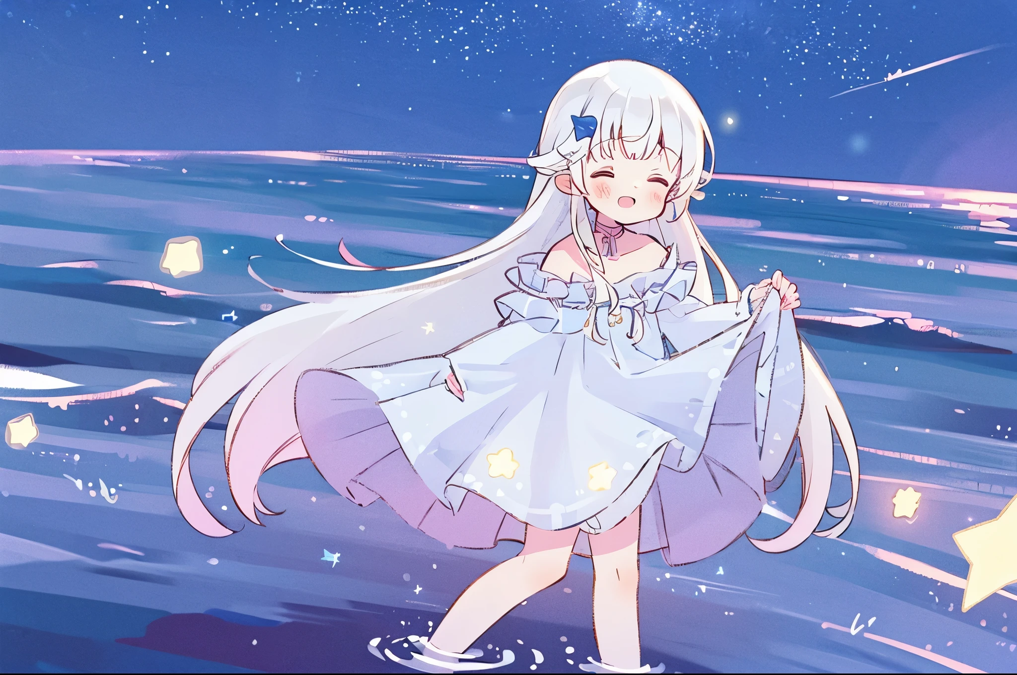 an ocean of stars, night sky, colorful, ethereal, charming girl in a white sheer babydoll dress, white hair, walking on the water, Her smile was filled with tenderness and joy, giant crescent white moon dipping into the water in the background, (((((((stars))))))