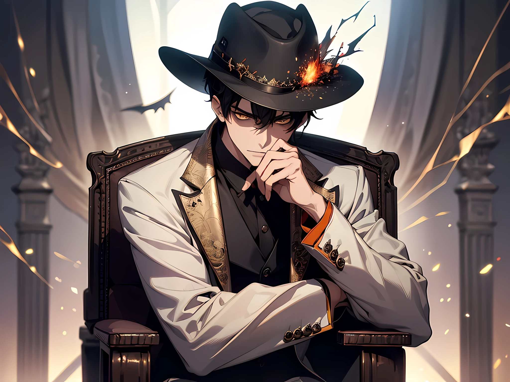 (masterpiece:1.2, best quality), MuzanMale, 1boy, male focus, solo, sitting, hat, yellow eyes, formal, suit, black hair, chair, looking at viewer, white fedora, cinematic lighting, demonic, red particles, detailed background, complex structures, hyperdetailed sharp face, dynamic pose