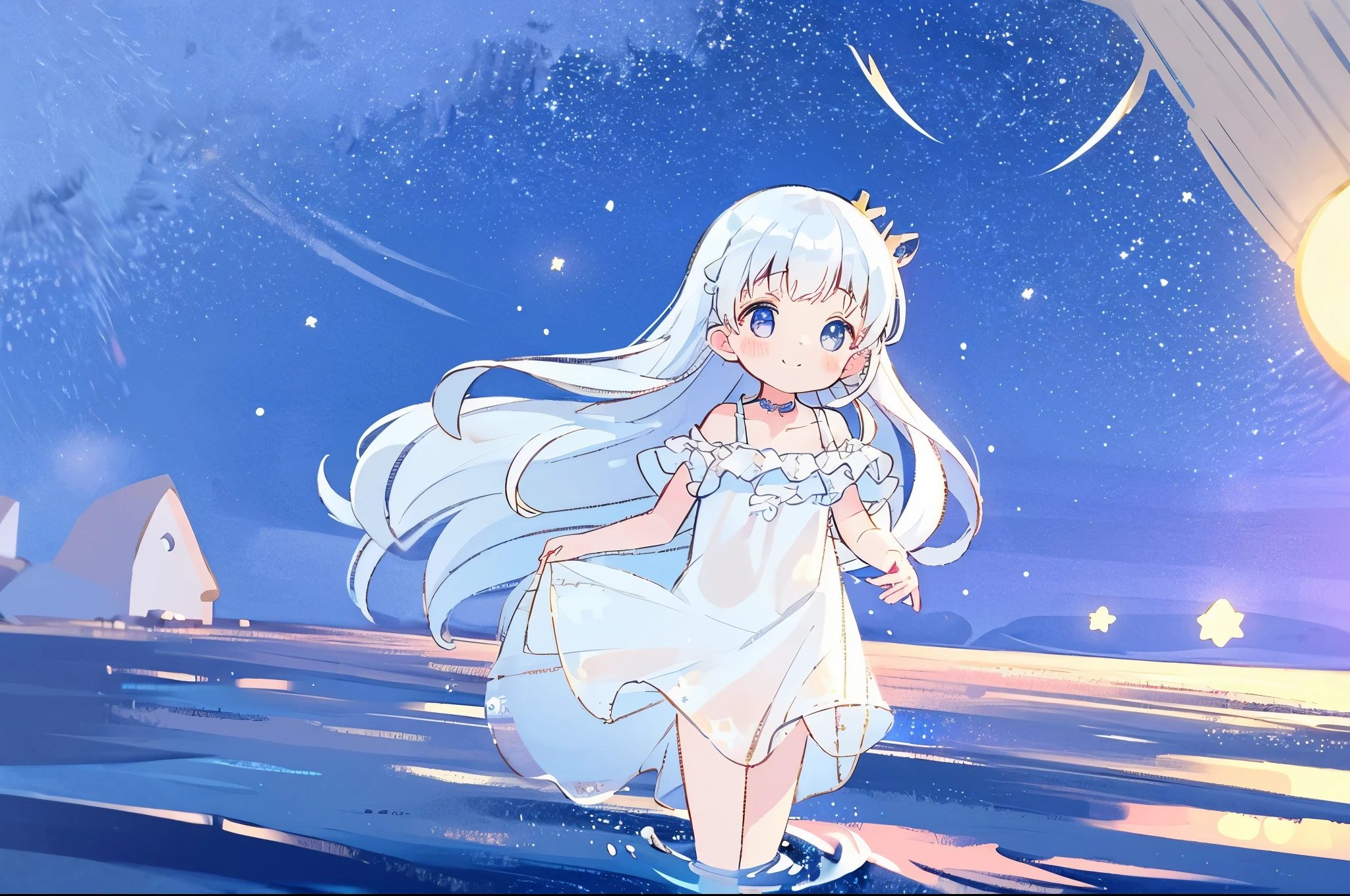 an ocean of stars, night sky, colorful, ethereal, charming girl in a white sheer babydoll dress, white hair, walking on the water, Her smile was filled with tenderness and joy, giant crescent white moon dipping into the water in the background, (((((((stars))))))