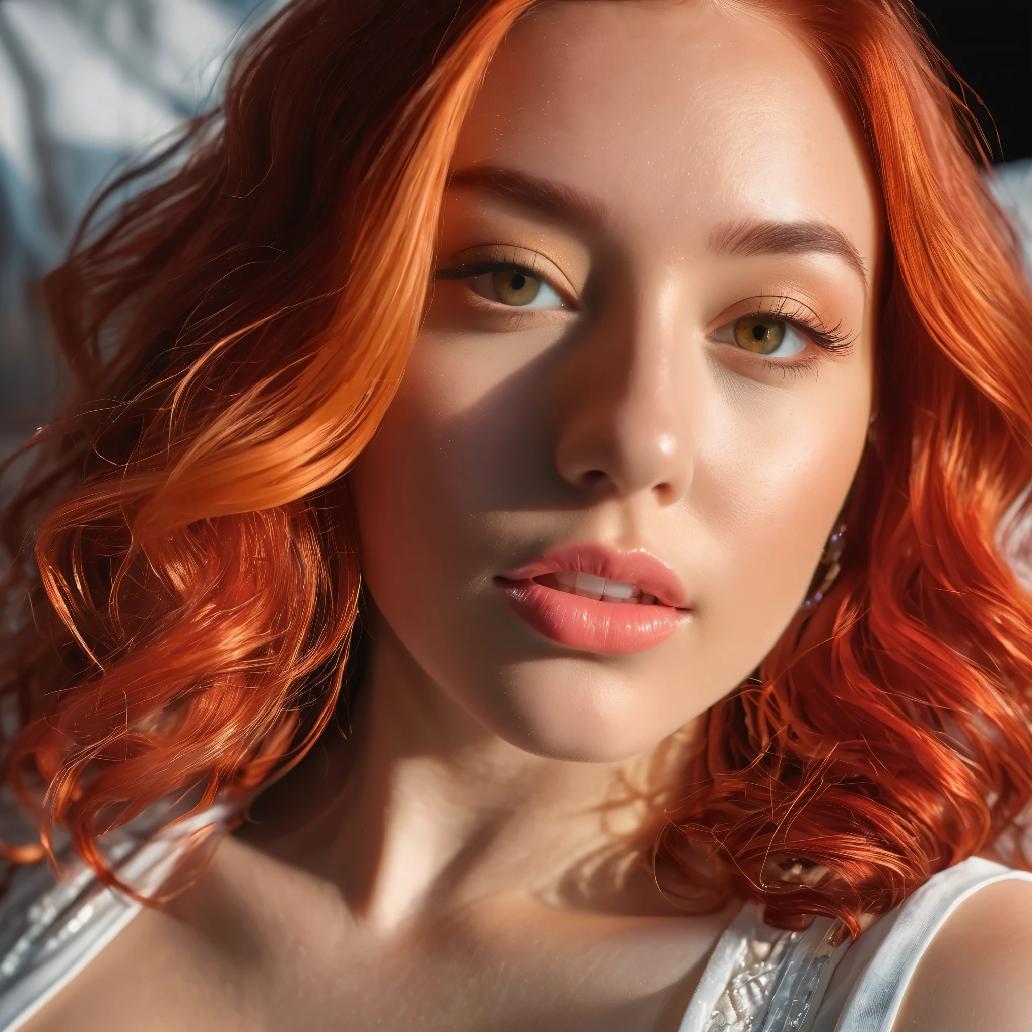 A woman with {bright virant anime red hair} and {blonde money pieces in the front}, balayage, ({{blonde strands of hair on both sides extending down to the ends}}), highlights, {vibrant distinguishable hair}, {hair dye}, high detail image, sharp image, intricate detail, high quality, realistic, by Weta Digital, by Wéta FX, by WLOP, Cinematic, Color Grading, Editorial Photography, Photography, Photoshoot, Ultra-Wide Angle, Depth of Field, DOF, Tilt Blur, Shutter Speed 1/1000, F/22, Gamma, White Balance, Neon, Light, Dark, Light Mode, Dark Mode, High Contrast, 5D, Multiverse, 32k, Super-Resolution, Megapixel, ProPhoto RGB, VR, Good, Massive, Big, Spotlight, Frontlight, Halfrear Lighting, Backlight, Rim Lights, Rim Lighting, Artificial Lighting, Natural Lighting, Incandescent, Optical Fiber, Moody Lighting, Cinematic Lighting, Studio Lighting, Soft Lighting, Hard Lighting, volumetric Light, Volumetric Lighting, Volumetric, Contre-Jour, Rembrandt Lighting, Split Lighting, Beautiful Lighting, Accent Lighting, Global Illumination, Lumen Global Illumination, Screen Space Global Illumination, Optics, Materiality, Ambient Occlusion, Scattering, Glowing, Shadows, Rough, Shimmering, Reflections, Lumen Reflections, Screen Space Reflections, Diffraction Grading, Chromatic Aberration, GB Displacement, Scan Lines, Ray Traced, Ray Tracing Ambient Occlusion, Anti-Aliasing, FKAA, TXAA, RTX, SSAO, Shaders, OpenGL-Shaders, GLSL-Shaders, Post Processing, Post-Production, Cel Shading, Tone Mapping, VFX, SFX, insanely detailed and intricate, hypermaximalist, elegant, hyper realistic, super detailed, photography, 8k, RAW photo, (high detailed skin:1.2), 8k uhd, dslr, soft lighting, high quality, film grain, Fujifilm XT3, photorealistic image, large tits, round firm ass, thin hourglass figure, see-thru negligee, laying on bed, (full body:1.7)