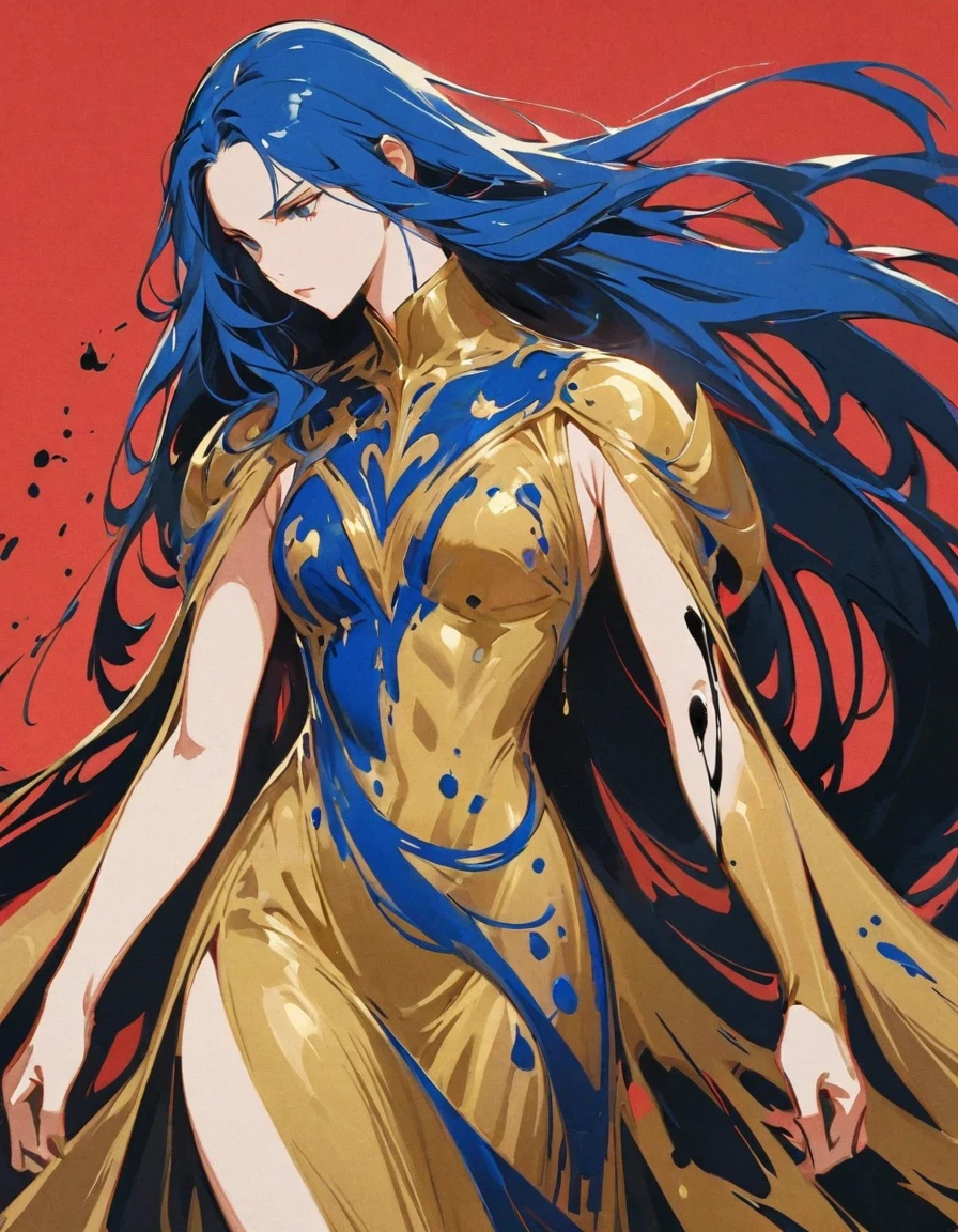  Female knight with exaggerated posture, Royal blue and gold fabric, Contrasting long hair, minimalist art, Pure Klein red background,ink ，ink，Supremacist style 