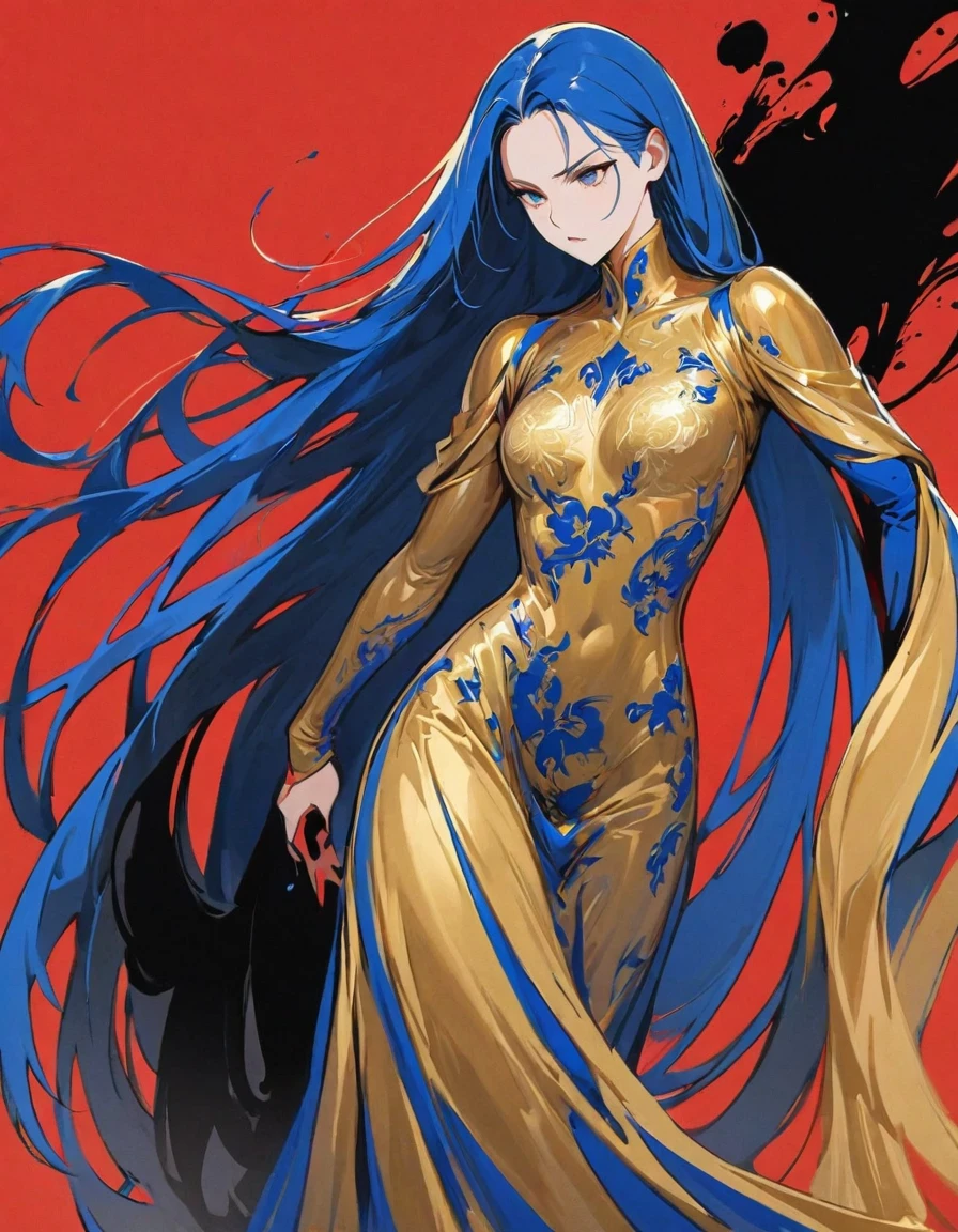  Female knight with exaggerated posture, Royal blue and gold fabric, Contrasting long hair, minimalist art, Pure Klein red background,ink ，ink，Supremacist style 