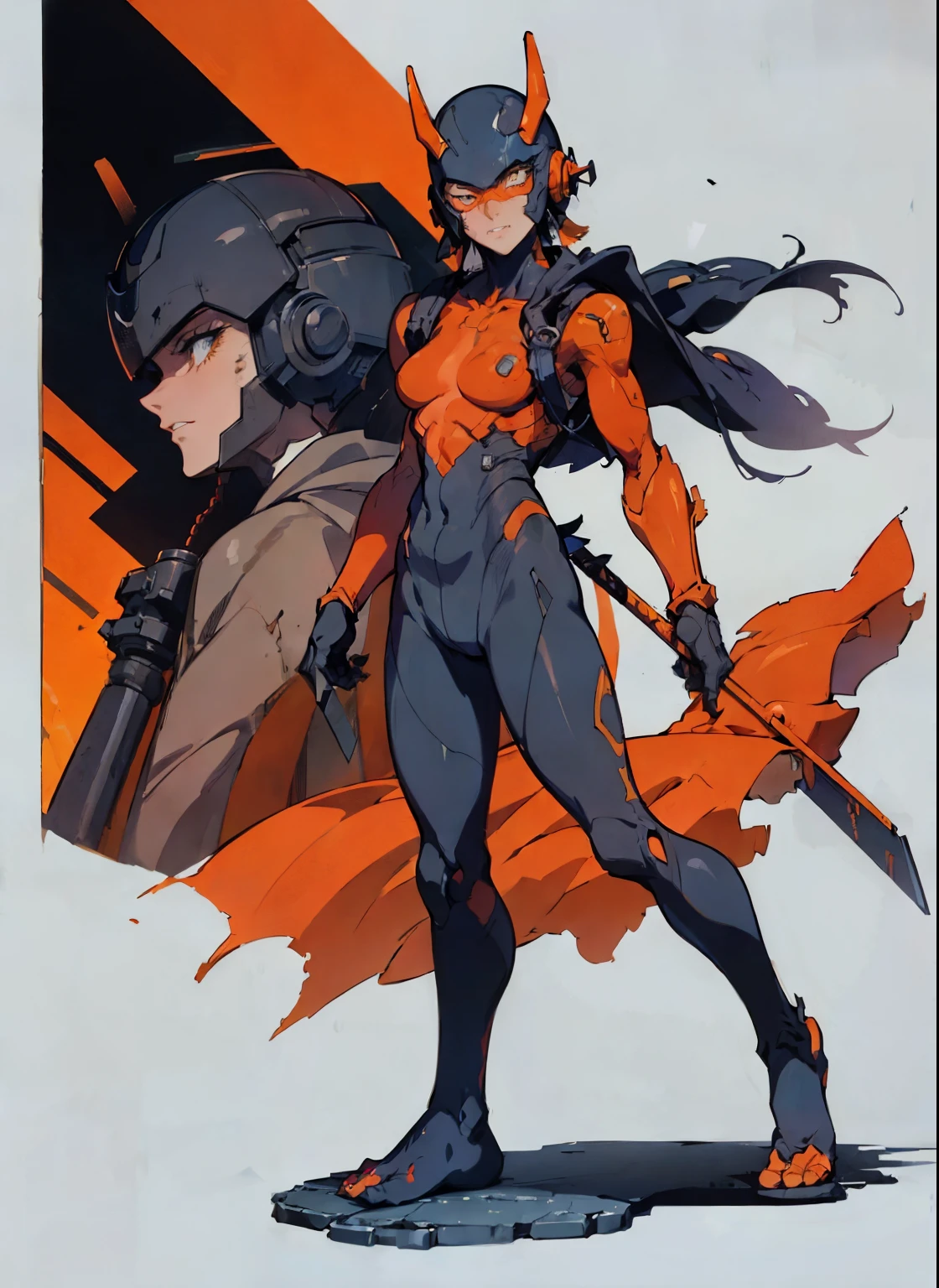 perfect proportions, anatomically correct, (head to toe: 2.0), (full body image: 2.0), solo, (Casshern: 1.6), extremely stylized, deviant art, masterpiece, highly detailed, detailed eyes, expressive detailed eyes, detailed pupils, futuristic, ((1950s scifi helmet)), ((pointy helmet)), Rubber Gloss, (orange skinsuit:1.4), white boots, entire body image, full body shot, nvinkpunk, professional photograph of alexander_skarsgard, tassles, large beads, large tassels, navy blue and white, cyberpunk, inkpunk, paint platter, ink splatter, (action pose:1.0)