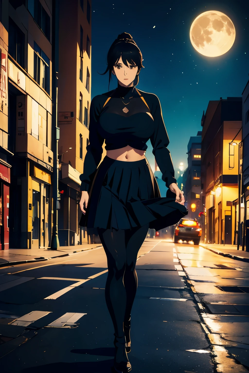 A girl with 300 pounds, a good breasts, wide hips, wearing leggings and a pleated skirt, high heels, a sports top, long black hair tied in a ponytail, bright brown eyes, on a random street on a moonlit night, body photo integer, [multiple views1.3] detailed eye's, detailed lips, detailed hands, detailed finger's