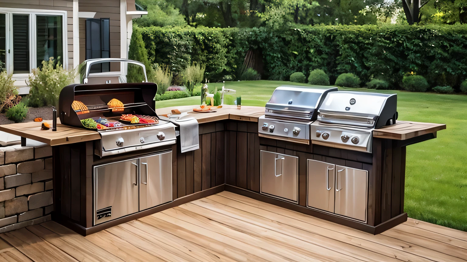 Outdoor lawn, wooden floor, outdoor gas grill, gas tank, realistic style