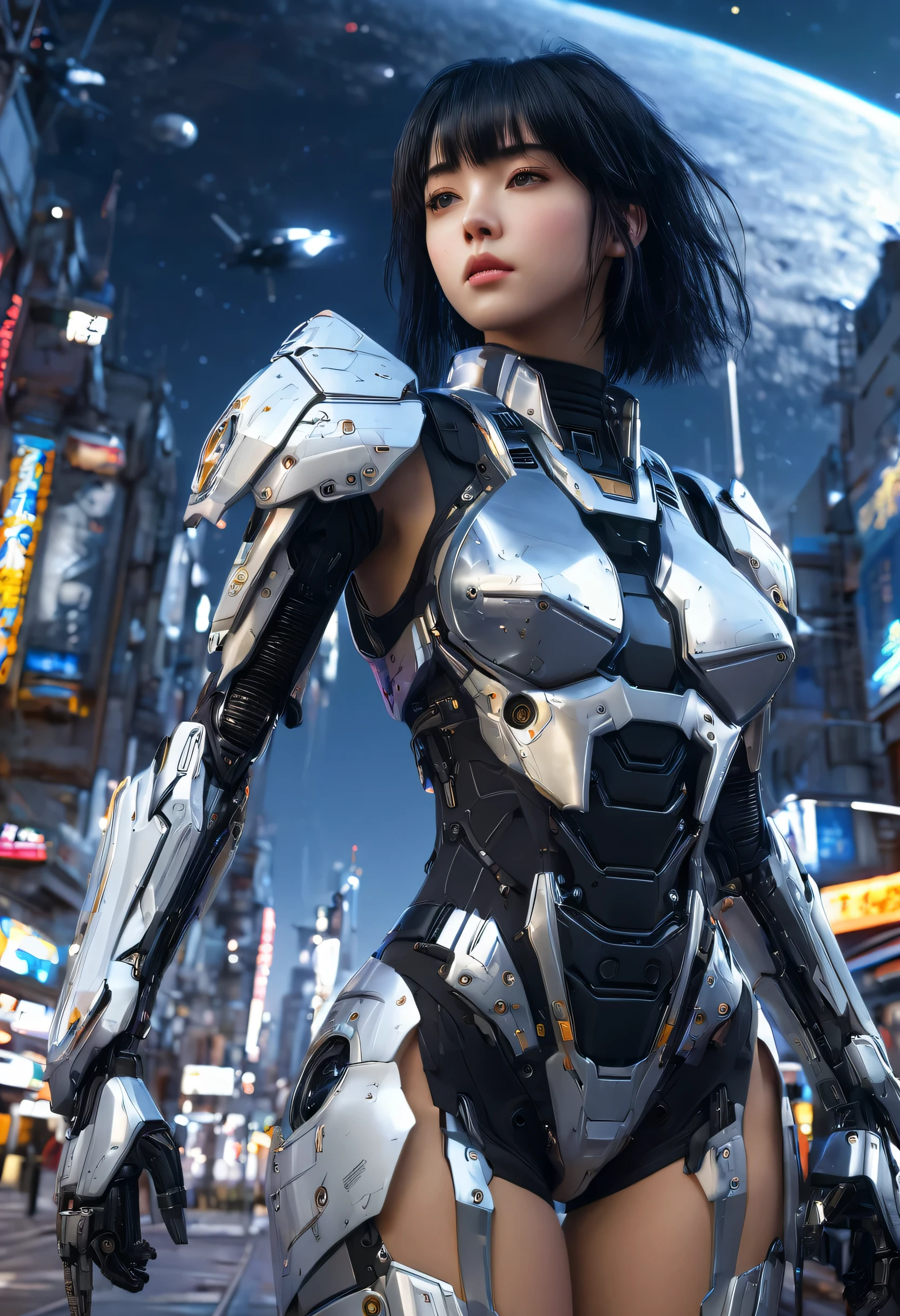 best quality ,masterpiece, illustration, extremely delicate and beautiful, Very detailed ,CG ,Unite ,8k wallpaper, Astonishing, fine details, masterpiece,best quality,official art,Very detailed CG Unite 8k wallpaper,Ridiculous, incredibly Ridiculous, Super detailed, high resolution, Very detailed,Beautiful and delicate girl,There is light on the face, 1 girl, Mecha, armor, Mechanical_Body, black hair,  spaceship, City, cyberpunk, Star_Sky,  