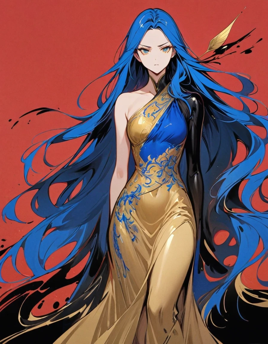  Female snitch with exaggerated posture, Royal blue and gold fabric, Contrasting long hair, minimalist art, Pure Klein red background,ink ，ink，Supremacist style 