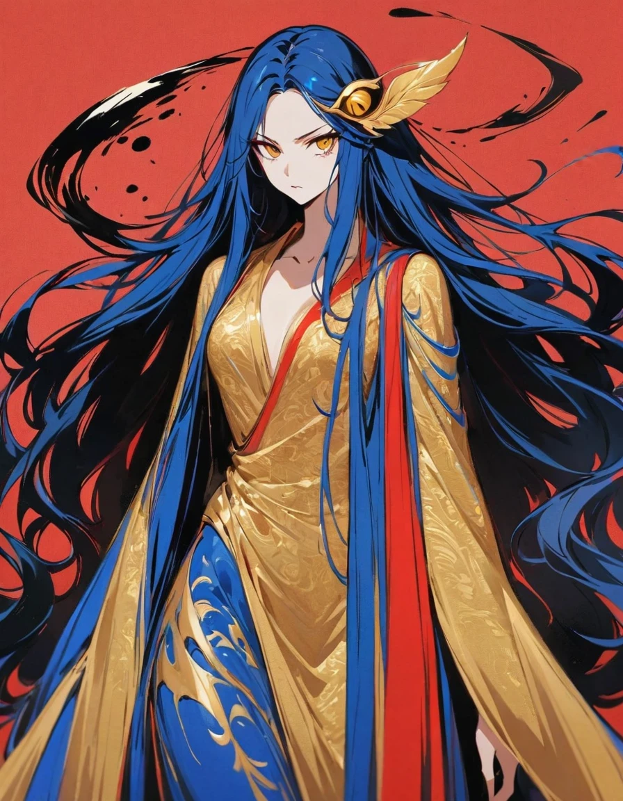  Female snitch with exaggerated posture, Royal blue and gold fabric, Contrasting long hair, minimalist art, Pure Klein red background,ink ，ink，Supremacist style 