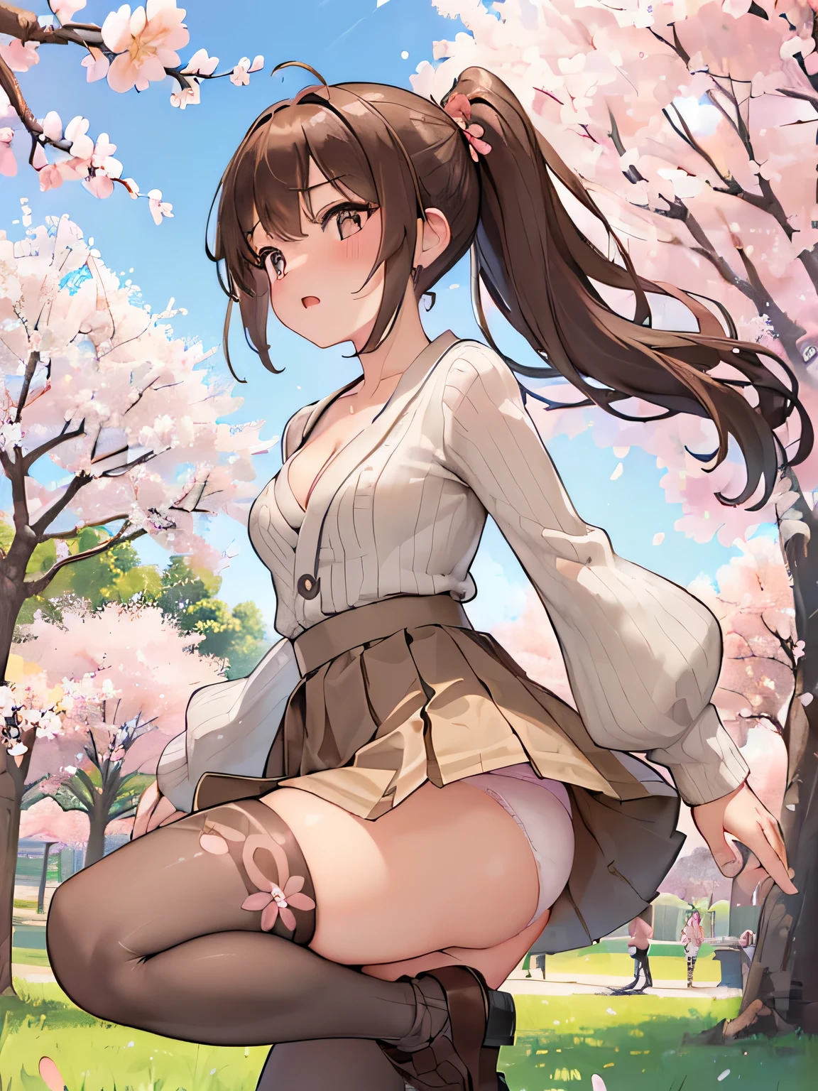 (Masterpiece, top quality, high resolution, realistic photo, realistic looking skin:1.1),
(Woman walking in park lined with cherry blossom trees:1.2),
(Skirt billowing in the wind: 1.8),
(Fully exposed panties: 1.8),
(blushing and embarrassed expression as her skirt flips up:1.5), 
(She is wearing a gray-beige long-sleeved V-neck knit: 1.8),
(She is wearing a brown flared mini-skirt:1.8),
(She is wearing brown middle boots: 1.8),
(She does not wear knee-high stockings because they are too hot: 1.8),
(I do not wear knee-high socks because it is too hot. 1.8),
(Panties are loudly colored and patterned: 1.5),
(Brown hair in a middle ponytail:1.5),
(Small face:1.5),
(D-cup breasts so you can see her cleavage: 1.5),
(Location: a park lined with cherry blossom trees where the wind blows: 1.5),
1 Japanese girl, solo, full bodied esbian, beautiful eyes, glowing eyes, glowing thighs, NSFW