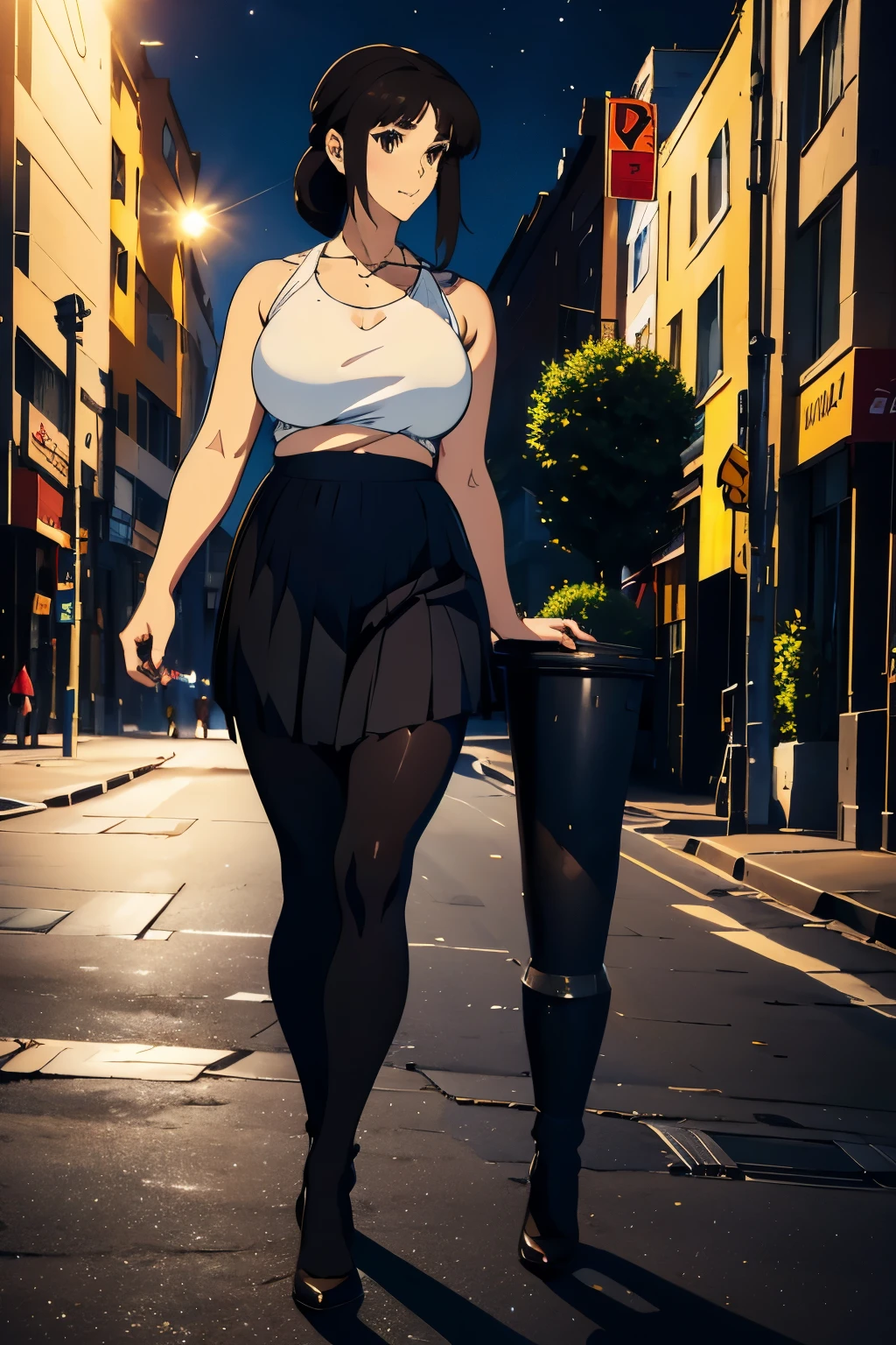 A girl with 300 pounds, a good breasts, wide hips, wearing leggings and a pleated skirt, high heels, a sports top, long black hair tied in a ponytail, bright brown eyes, on a random street on a moonlit night, body photo integer, [multiple views1.3] detailed eye's, detailed lips, detailed hands, detailed finger's