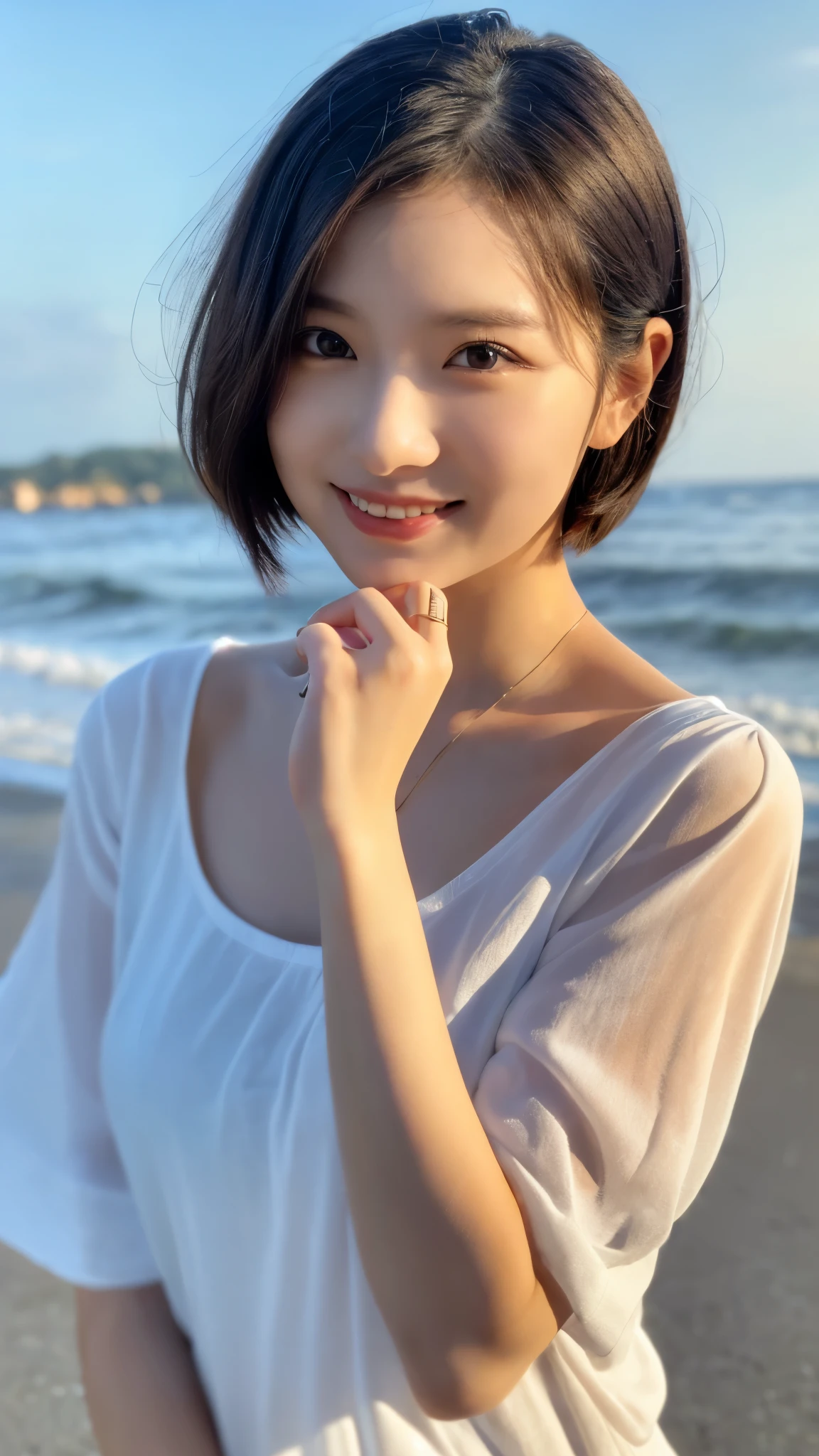 table top、(highest quality、4k、8k、High resolution、master piece: 1.2)、Super detailed、(real、photorealistic、photorealistic: 1.37)、full body shot、whiteＴshirt、Complex and beautiful eyes、woman、short hair、natural color lip、bold and sexy pose、smile、Ocean、20 year old girl、Cute and sexy shot looking at the camera。