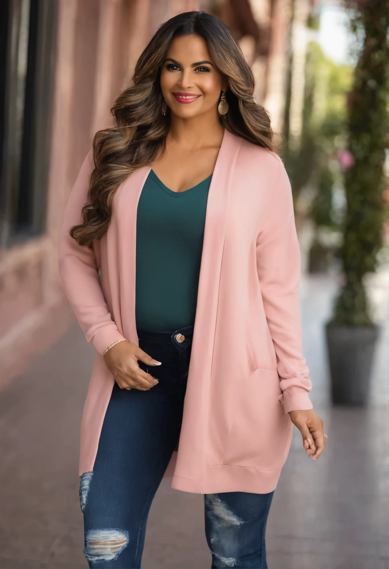 Mulher de 38 anos, morena, sorriso cativante, tirando selfie, cabelos longos, cabelos preto ondulados, elegant evangelical woman, Pink sweater, saia jeans, White sneakers, cena vitrine de loja, foto realista, hiperrealista, foto corpo inteiro