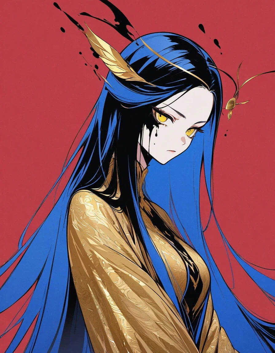 Female snitch with exaggerated posture, Royal blue and gold fabric, Contrasting long hair, minimalist art, Pure Klein red background,ink ，ink，Supremacist style