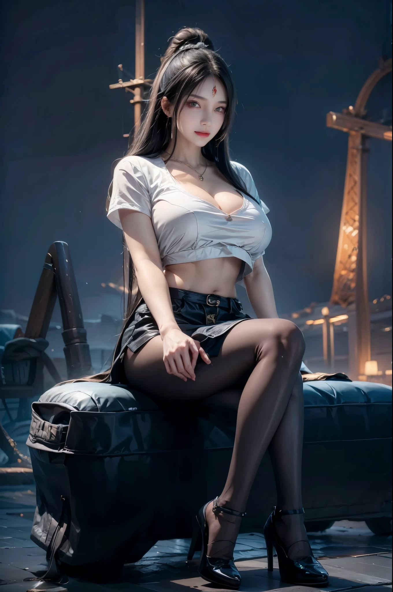 realistic, 1 women, best quality, 12k, HD, smiling face showing teeth, long hair, big round breasts, cleavage, ponytail, necklace, jewelry, shorts, short jacket, slim hips, hair tie, yellow eyes, black hair, super detailed, Eye details, hair details, person details, mouth details, face details, breast details, clothes details, hair details, pants details, hand details, whole body