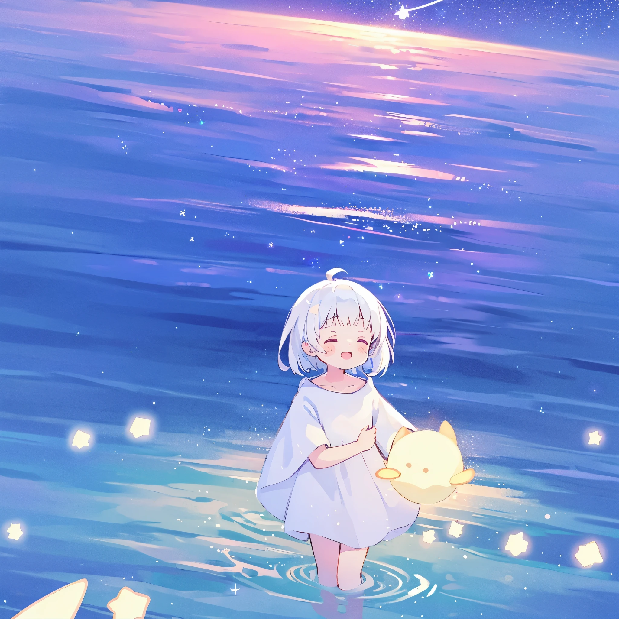 an ocean of stars, night sky, colorful, ethereal, charming girl in a white sheer babydoll dress, white hair, walking on the water, Her smile was filled with tenderness and joy, giant crescent white moon dipping into the water in the background, (((((((stars))))))