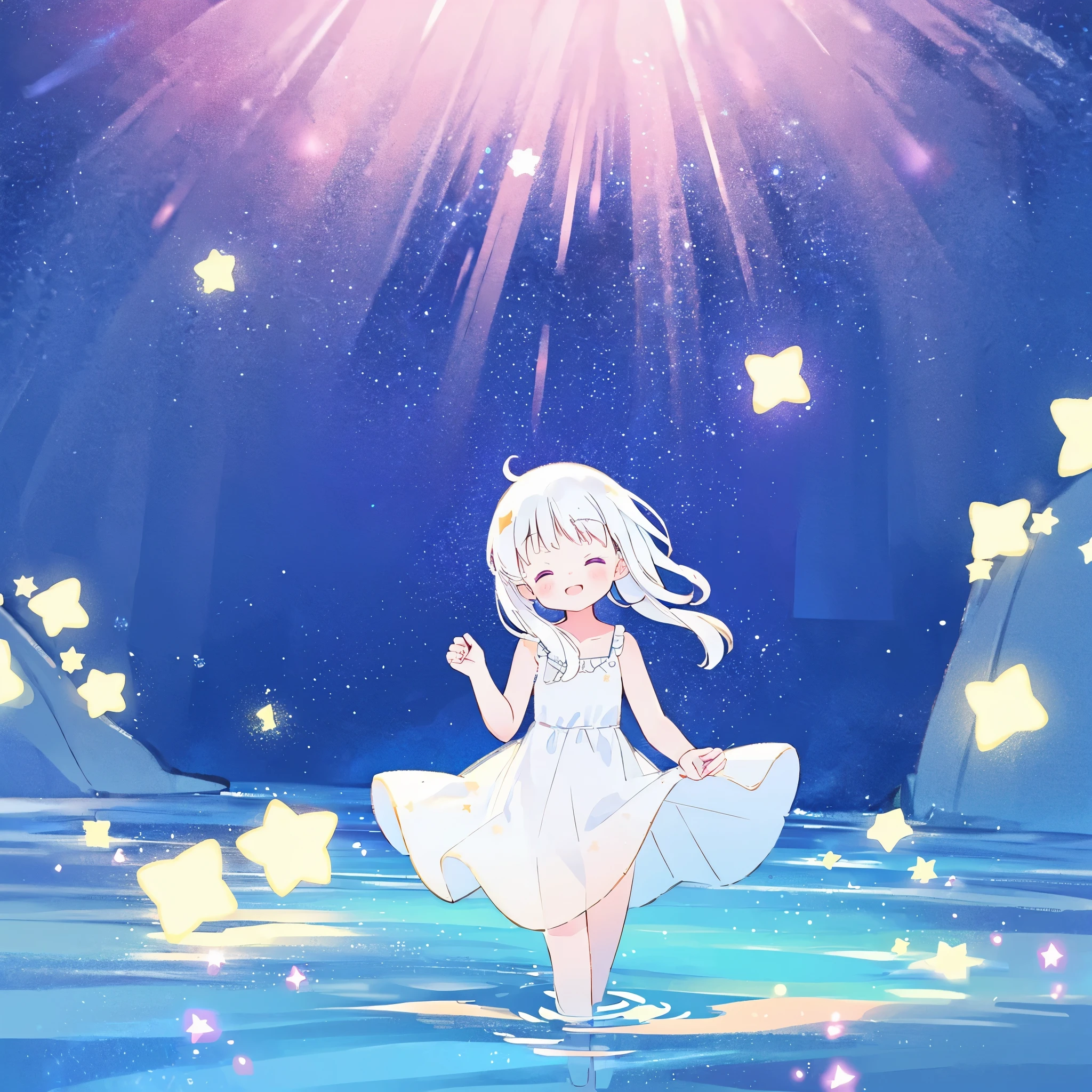 an ocean of stars, night sky, colorful, ethereal, charming girl in a white sheer babydoll dress, white hair, walking on the water, Her smile was filled with tenderness and joy, giant crescent white moon dipping into the water in the background, (((((((stars))))))