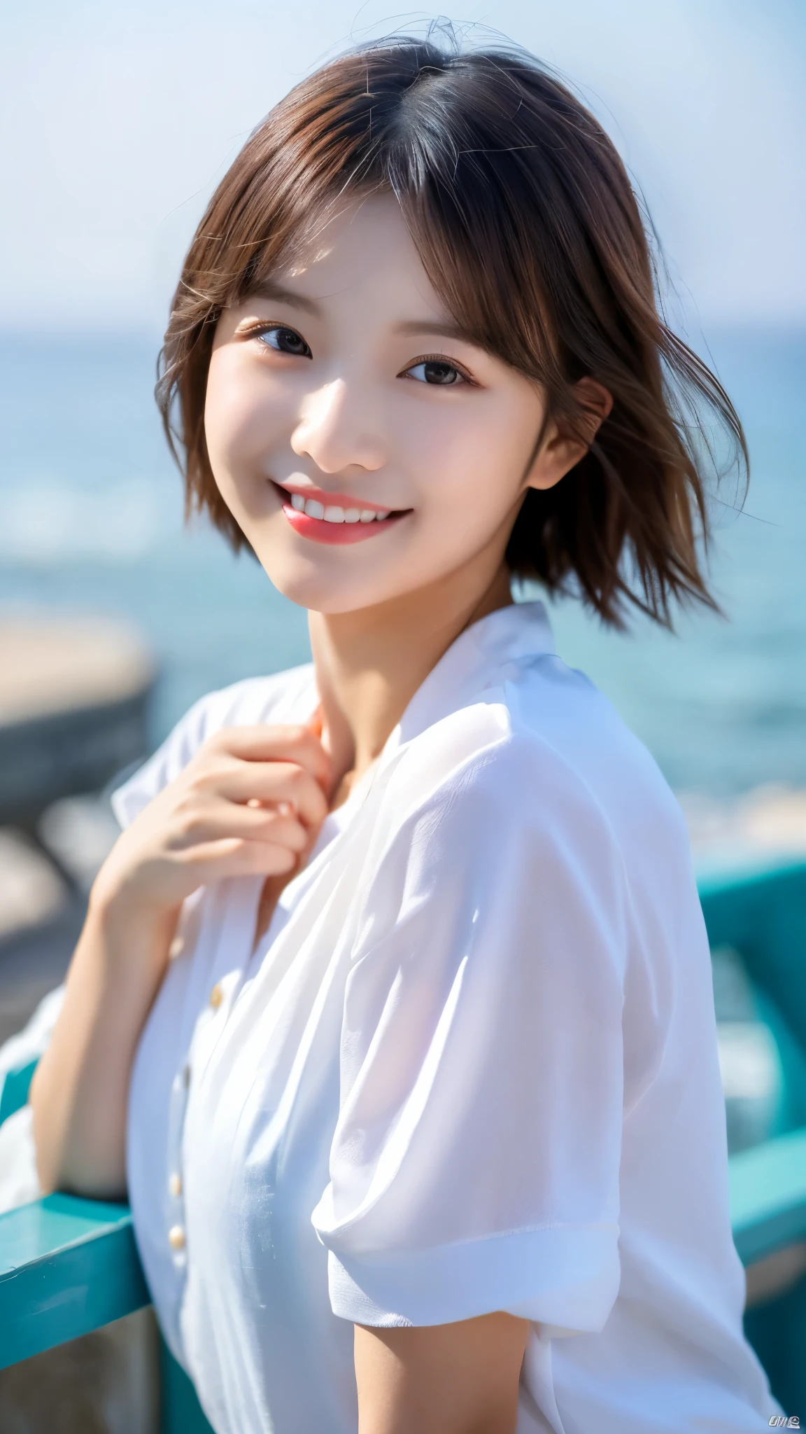 (a gorgeous korean lady, age 20s, wearing a wet oversized white high-neck t-shirt, pleated skirt, posing naturally at a windy beach, (beach by the sea:1.2),
Joyful expression, kind smile, dimpled cheeks, short ponytail, short bob hair, cute snaggleteeth, ample round bosom, perfect body anatomy, photorealistic, beautiful detailed eyes, hyper-realism, high contrast, ultra HD, realistic skin textures, top image quality, top-quality, super high resolution, fine details, serene ambience, very meticulously, high angle shot, medium shot, cowboy shot, sun rays, lens flare, SFW)