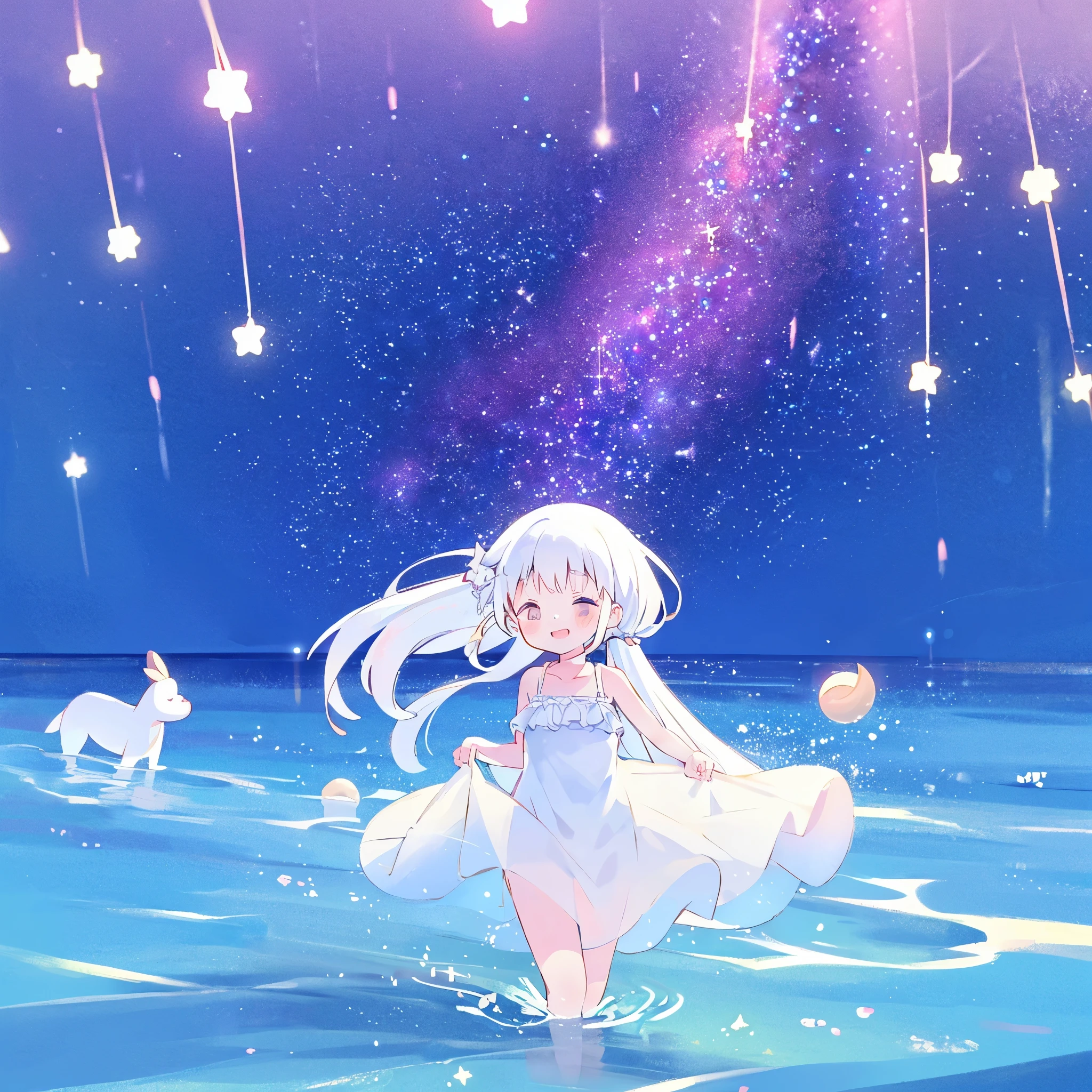 an ocean of stars, night sky, colorful, ethereal, charming girl in a white sheer babydoll dress, white hair, walking on the water, Her smile was filled with tenderness and joy, giant crescent white moon dipping into the water in the background, (((((((stars))))))
