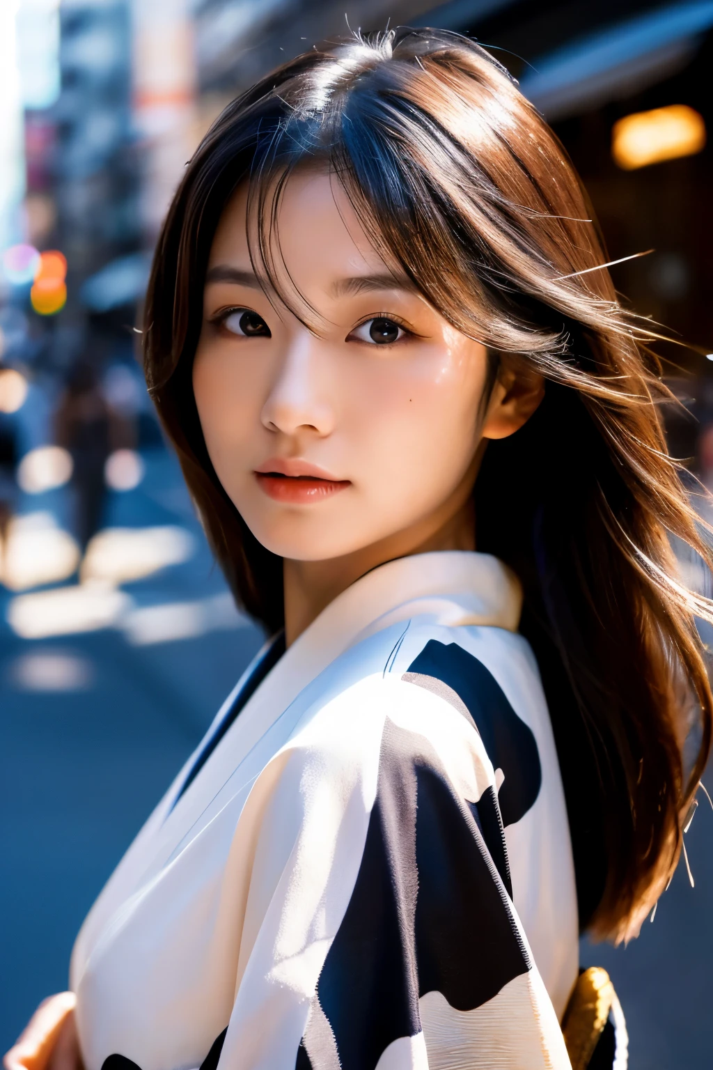 Beautiful Japanese supermodel woman, A lock of hair with slight highlights, black eyes, Sexy,street background,Gorgeous kimono , Liquid color flows across her face, Shooting against the light,Perfect facial lighting,mixed media