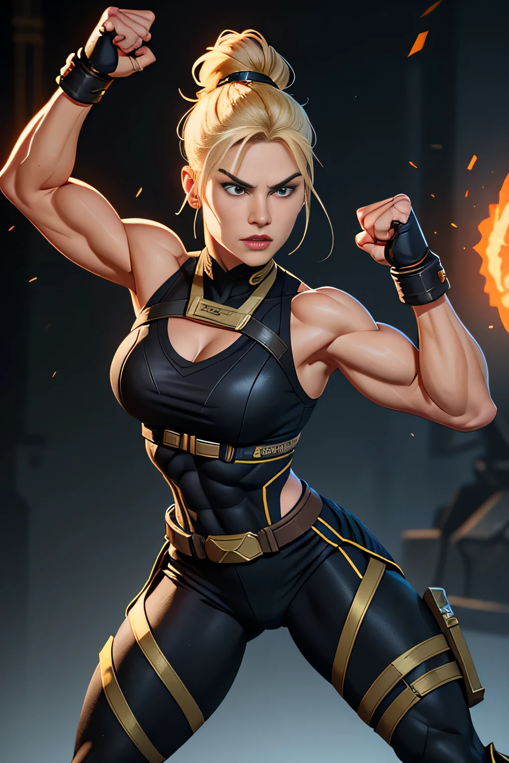 Create a captivating visual representation of Sonya Blade, a fierce and powerful combatant in Mortal Kombat, with a toned and athletic physique. Emphasize her defined muscles, sharp facial features, and striking blonde hair pulled back into a tight bun. Her combat outfit should be detailed, featuring intricate patterns and accessories that accentuate her fit figure. Standing in a wide stance with a determined expression, Sonya exudes strength and intensity as she prepares for battle. Dynamic lighting bathes the scene in vivid colors, highlighting the sharp focus on her determined eyes and the sharp edges of her combat gear. With a strong and fierce expression, she is ready to engage in