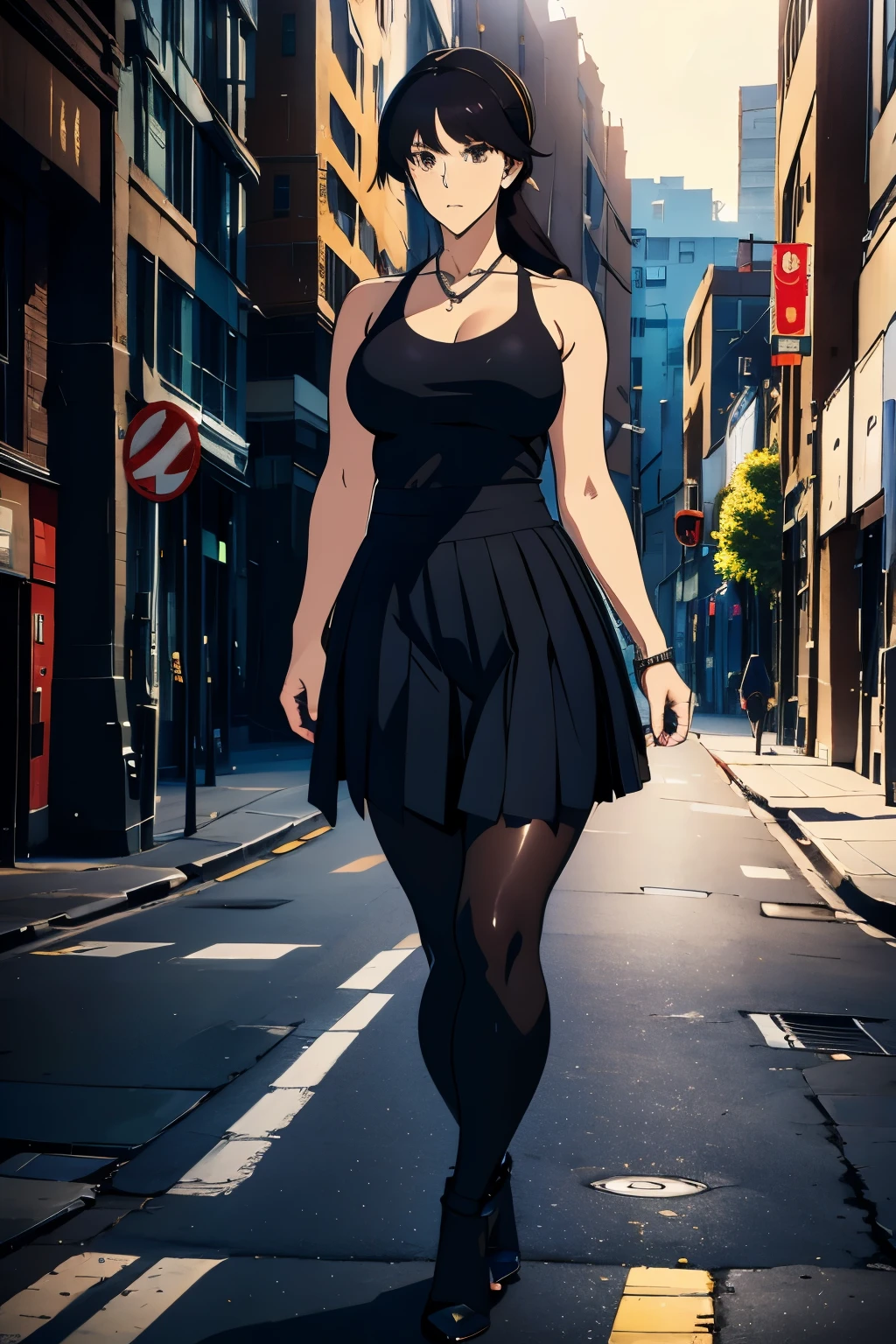 A girl with 300 pounds, a good breasts, wide hips, wearing leggings and a pleated skirt, high heels, a sports top, long black hair tied in a ponytail, bright brown eyes, on a random street on a moonlit night, body photo integer, [multiple views1.3] detailed eye's, detailed lips, detailed hands, detailed finger's