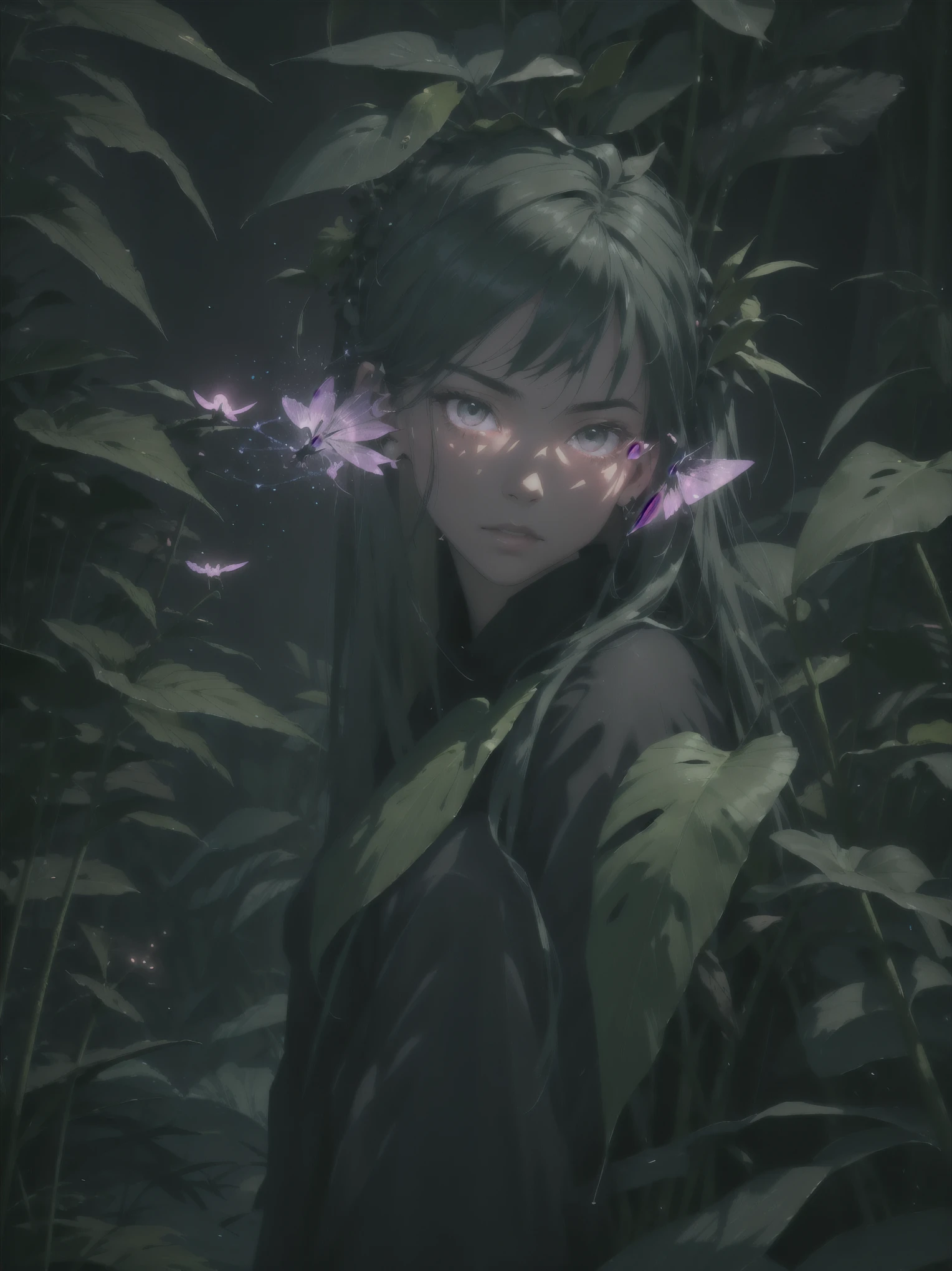 illustration:0.15, !dark theme, night, (((red-luminescence {leaves:1.3, leave:{girl}}), (green-luminescence {plants:1.3, plant:{girl}}), (bioluminescence {firefly:1.3, firefly:{girl}})), fairy forest, black-luminescence {feathers}), pastoral aesthetic, exceptional piece of art, quality:{best quality}