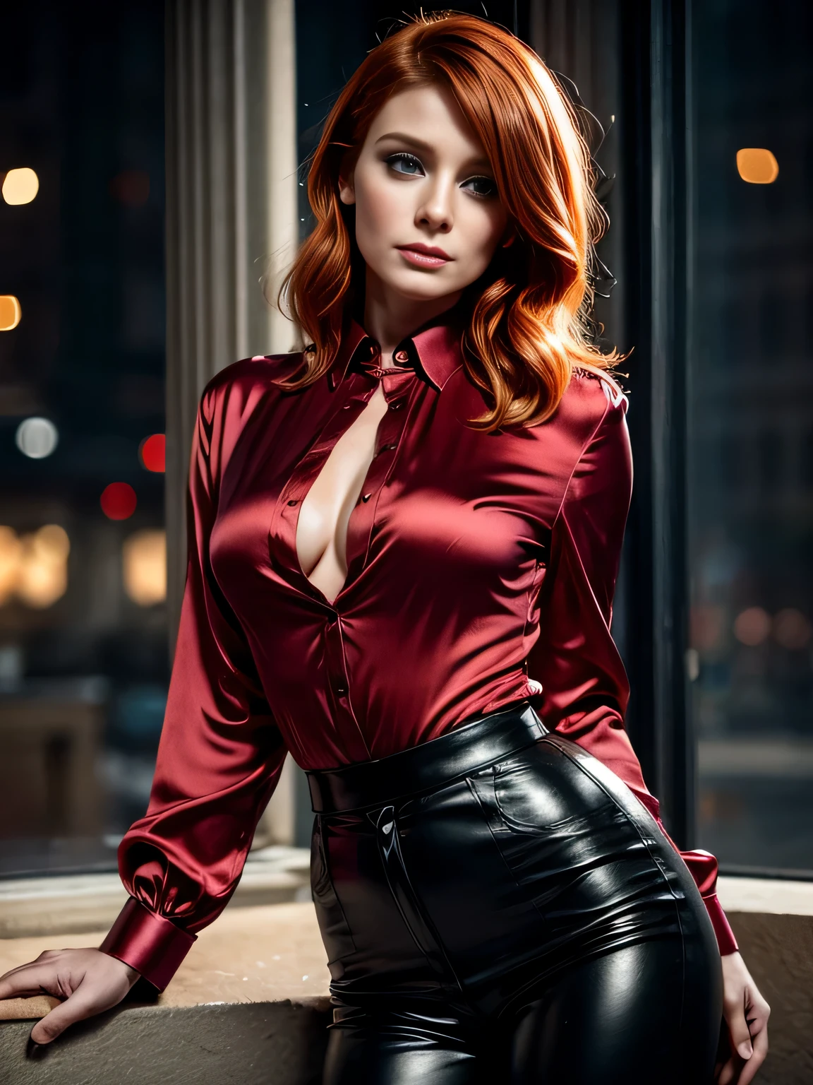 (Bryce Dallas Howard, shor chanel orange hair, gorgeous eyes dark blue eyes, high arched eyebrows, seductive look, (crimson low-cut silk shirt:1.3), black leather pants, stilettos, midnight modern metropolis, spot lighting, backlight on hair, shallow depth of field, bokeh, sexy
