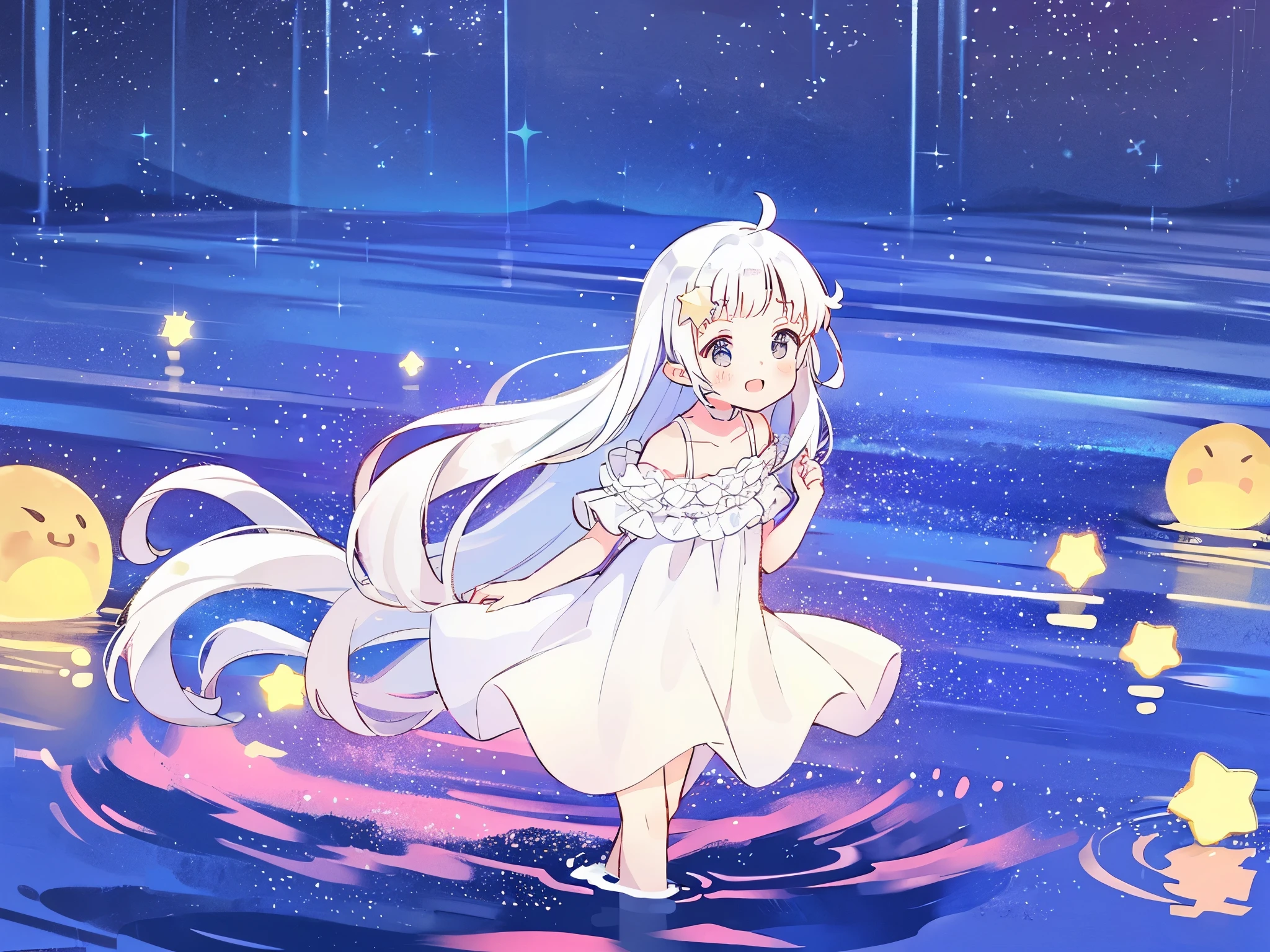 an ocean of stars, night sky, colorful, ethereal, charming girl in a white sheer babydoll dress, white hair, walking on the water, Her smile was filled with tenderness and joy, a giant crescent goldenmoon sitting on the water in the background, (((((((stars))))))