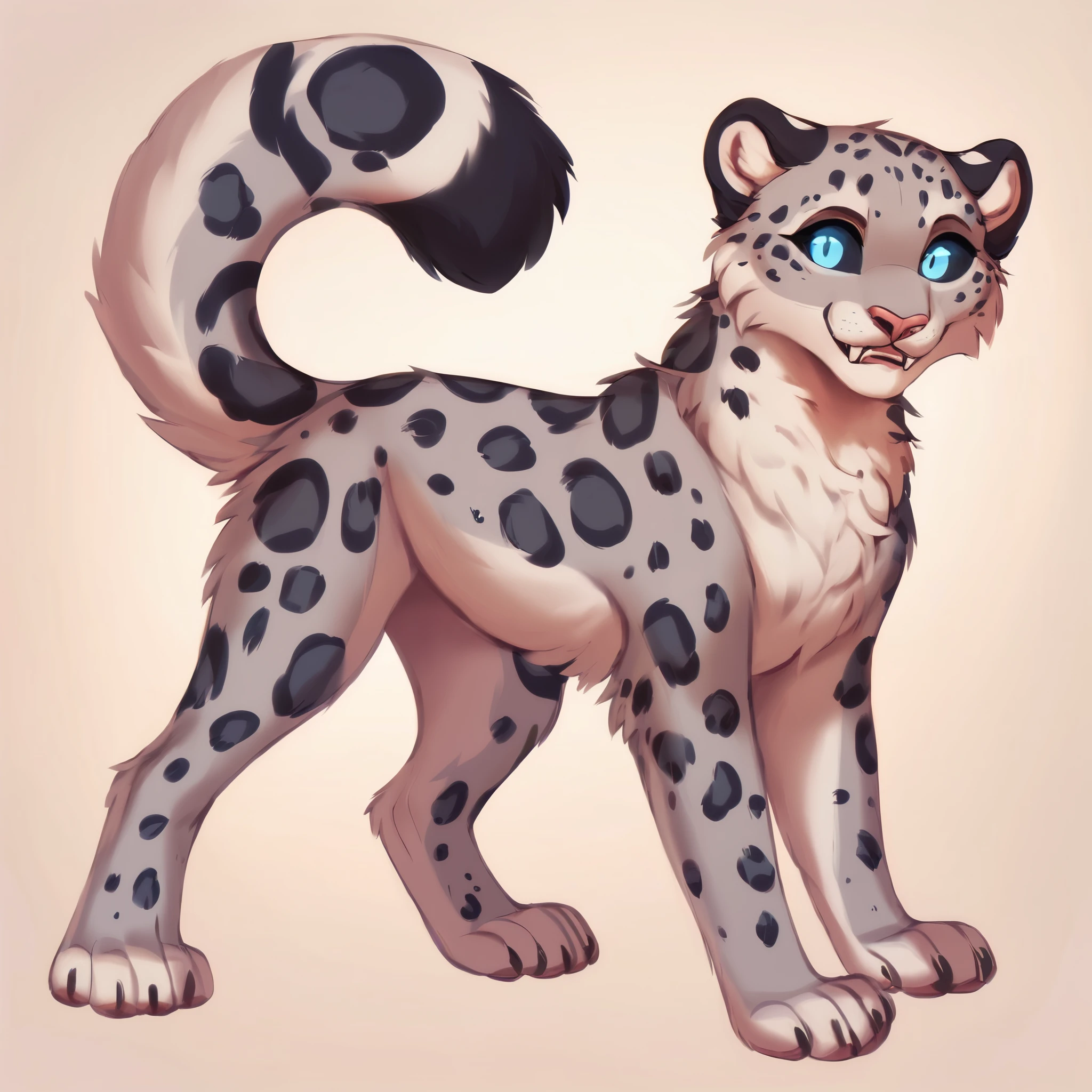 score_9, score_8_up, score_7_up, score_6_up, score_5_up, score_4_up, show accurate, full body, simple background, solo, feral snow leopard, (panthera uncia), female snow leopard, teenage snow leopard, adorable face, standing on all fours, black sclera, sapphire blue eyes, bright eyes, playful look, overflowing emotion, 