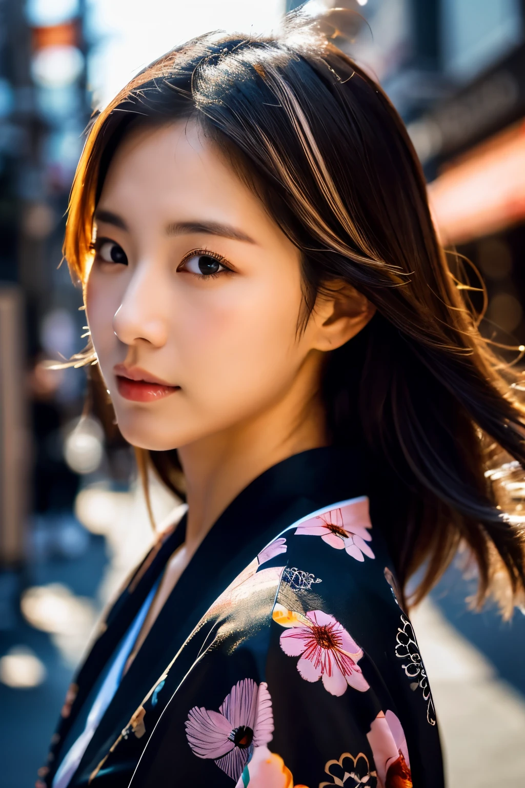 Beautiful Japanese supermodel woman, A lock of hair with slight highlights, black eyes, Sexy，street background，Gorgeous kimono , Liquid color flows across her face, Shooting against the light，Perfect facial lighting，mixed media