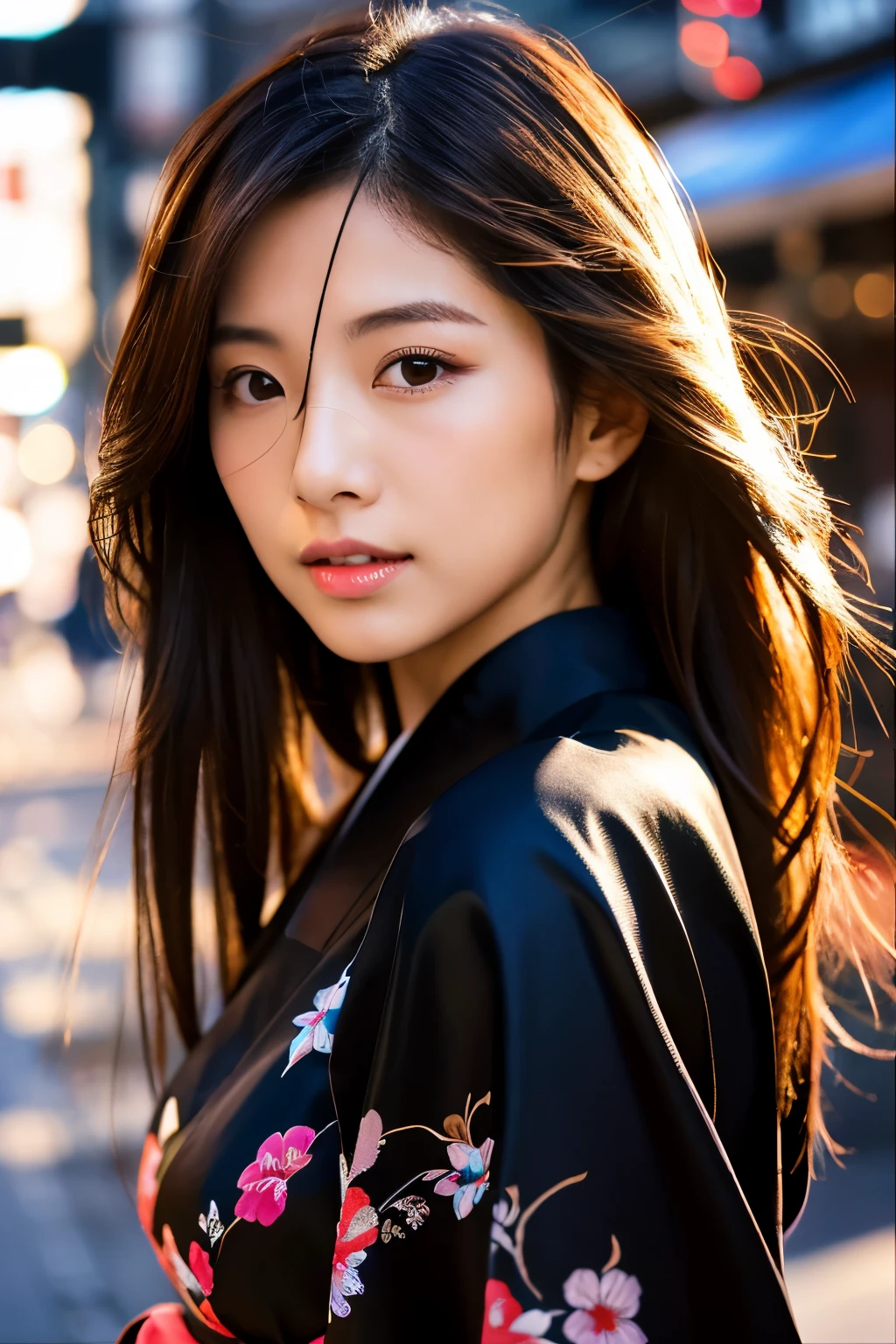 Beautiful Japanese supermodel woman, A lock of hair with slight highlights, black eyes, Sexy,street background,Gorgeous kimono , Liquid color flows across her face, Shooting against the light,Perfect facial lighting,mixed media