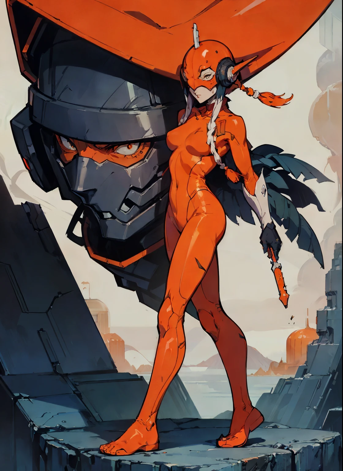 perfect proportions, anatomically correct, (head to toe: 2.0), (full body image: 2.0), solo, (Casshern: 1.6), extremely stylized, deviant art, masterpiece, highly detailed, detailed eyes, expressive detailed eyes, detailed pupils, futuristic, ((1950s scifi helmet)), ((pointy helmet)), Rubber Gloss, (orange skinsuit:1.4), white boots, entire body image, full body shot, nvinkpunk, professional photograph of alexander_skarsgard, tassles, large beads, large tassels, navy blue and white, cyberpunk, inkpunk, paint platter, ink splatter, (action pose:1.0)