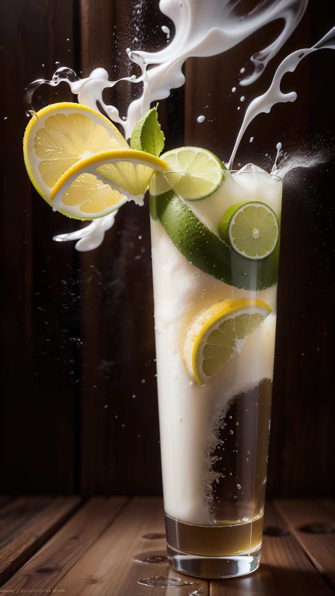 No background, Milk splashing into a glass of caipirinhastobari (Caipirinha Stwobarry), lifelike, photorealism, Amazing food photography, 4K Food Photography, 4K Food Photography, high speed photography, slow motion, ultra high speed photography, food photography photography