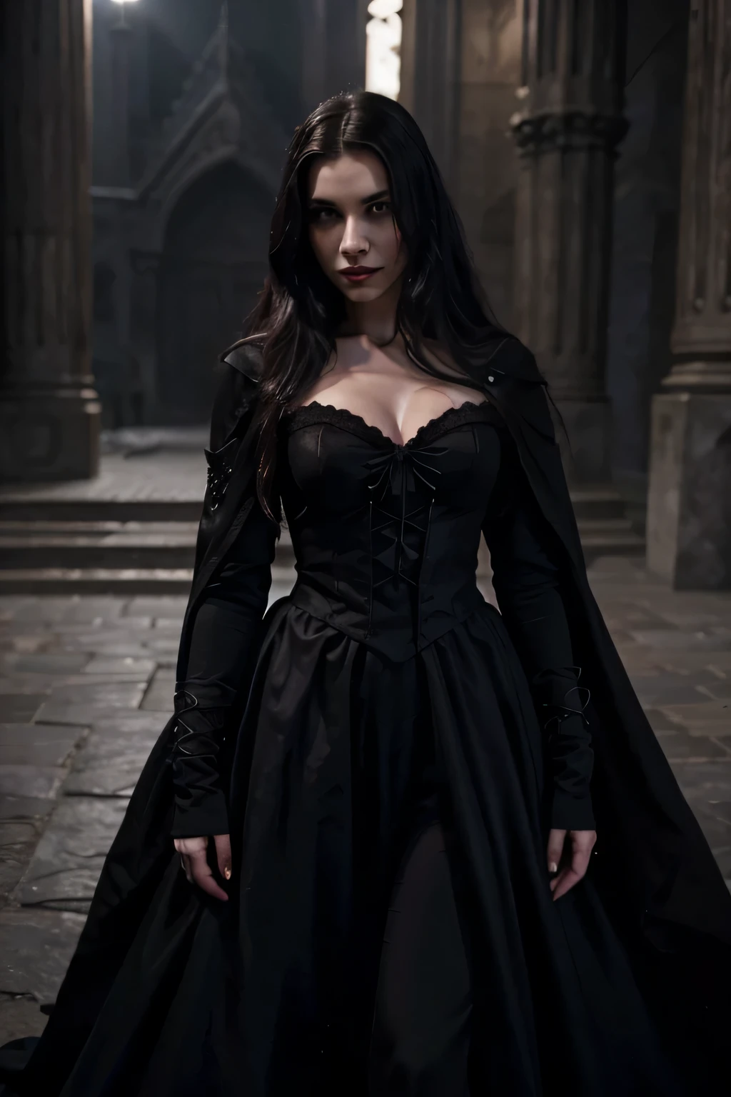 "Generate an image of a vampire woman with a cinematic and unique style. La mujer vampiro debe tener una apariencia elegante y misteriosa, con cabello largo y oscuro que fluye en el viento. Your skin should be pale and have hypnotic deep red eyes.. El vestuario debe ser sofisticado, con un vestido largo y oscuro adornado con detalles brillantes y elegantes. Make sure to include gothic and modern elements in the costume design.
The setting should be dramatic and atmospheric, with soft lighting that highlights the figure of the vampire woman. The background may be an old castle with gothic architecture and vampire elements, like bats flying in the night sky. Agrega efectos visuales como niebla sutil y destellos de luz para crear un ambiente misterioso y cautivador.
Includes realistic details on the female vampire's anatomy, como colmillos afilados y una mirada penetrante. Make sure you capture the seductive and dangerous essence of vampires in the image. Utiliza colores oscuros y contrastes fuertes para resaltar la presencia imponente de la mujer vampiro en la escena.