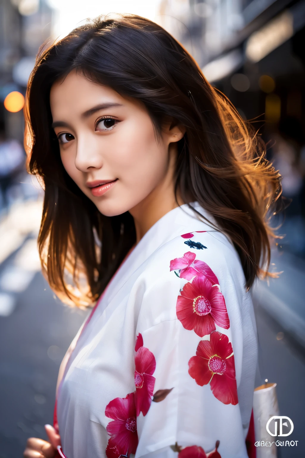 Beautiful Japanese supermodel woman, A lock of hair with slight highlights, black eyes, Sexy，street background，Gorgeous kimono , Liquid color flows across her face, Shooting against the light，Perfect facial lighting，mixed media