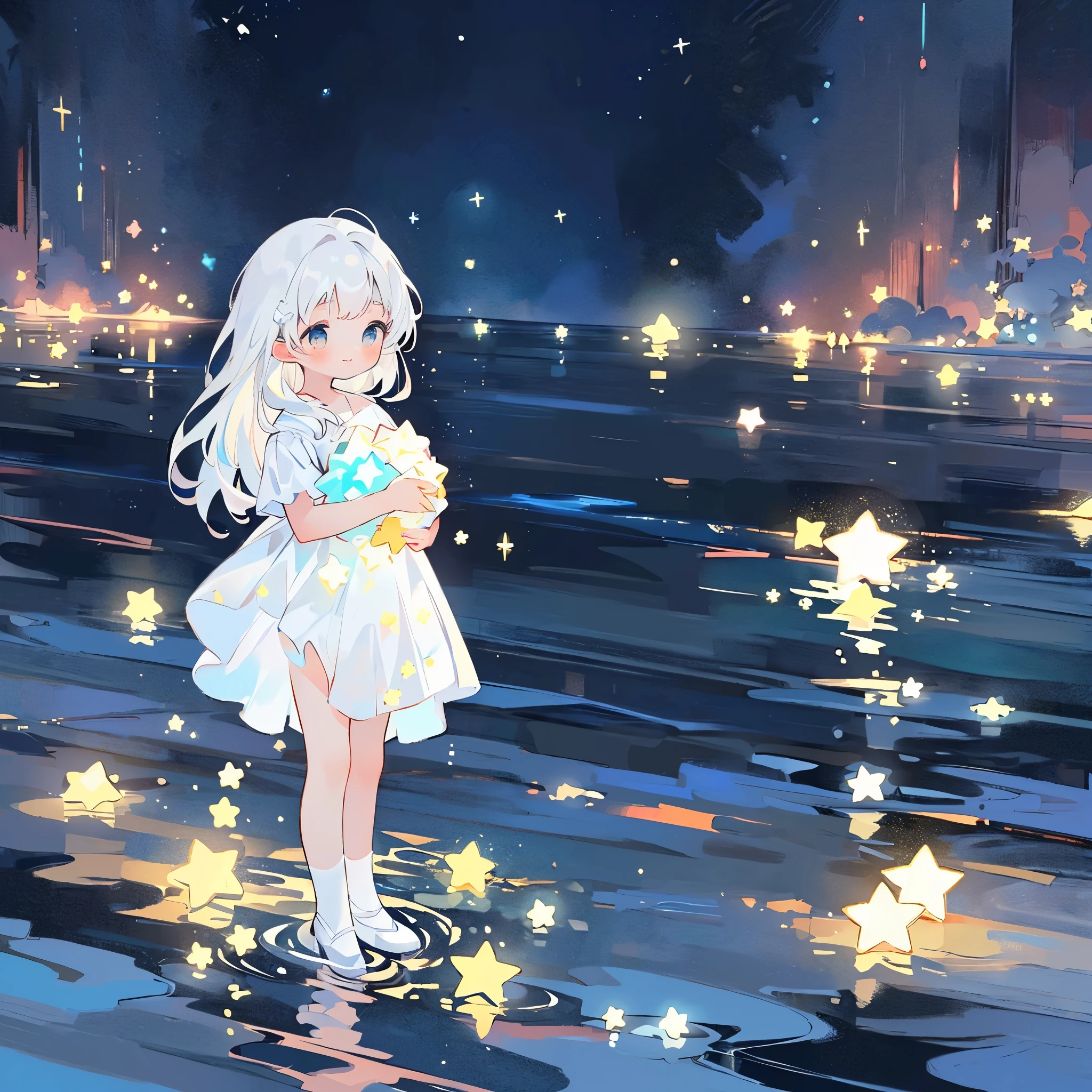 an ocean of stars, night sky, colorful, ethereal, ((((charming girl in a white tutu holding an armful of glowing stars))), white hair, walking on the water, Her smile was filled with tenderness and joy, giant crescent white moon dipping into the water in the background