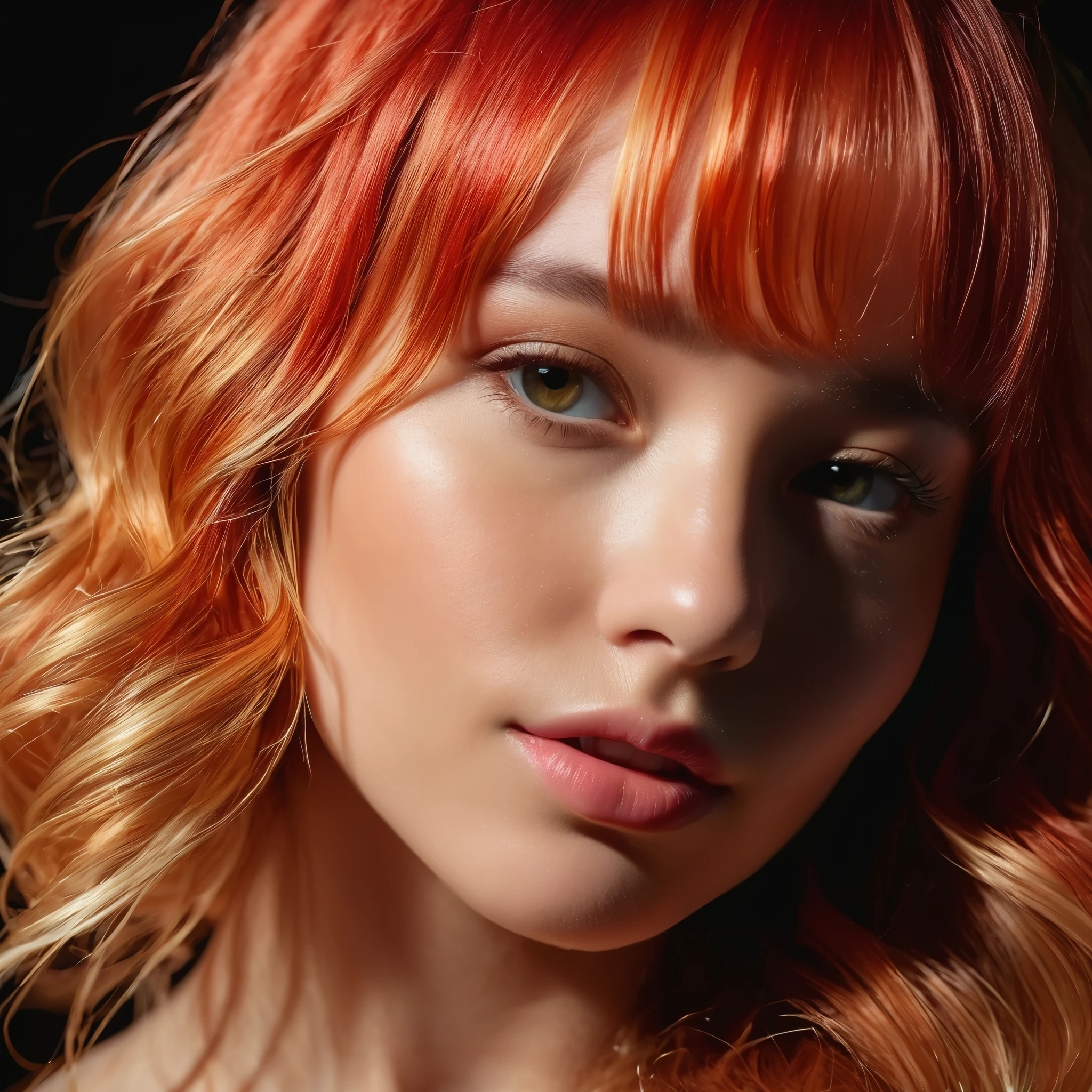 A closeup portrait of a woman with {bright virant anime red hair} and {blonde money pieces in the front}, balayage, ({{blonde strands of hair on both sides extending down to the ends}}), highlights, {vibrant distinguishable hair}, {hair dye}, high detail image, sharp image, intricate detail, high quality, realistic, by Weta Digital, by Wéta FX, by WLOP, Cinematic, Color Grading, Editorial Photography, Photography, Photoshoot, Ultra-Wide Angle, Depth of Field, DOF, Tilt Blur, Shutter Speed 1/1000, F/22, Gamma, White Balance, Neon, Light, Dark, Light Mode, Dark Mode, High Contrast, 5D, Multiverse, 32k, Super-Resolution, Megapixel, ProPhoto RGB, VR, Good, Massive, Big, Spotlight, Frontlight, Halfrear Lighting, Backlight, Rim Lights, Rim Lighting, Artificial Lighting, Natural Lighting, Incandescent, Optical Fiber, Moody Lighting, Cinematic Lighting, Studio Lighting, Soft Lighting, Hard Lighting, volumetric Light, Volumetric Lighting, Volumetric, Contre-Jour, Rembrandt Lighting, Split Lighting, Beautiful Lighting, Accent Lighting, Global Illumination, Lumen Global Illumination, Screen Space Global Illumination, Optics, Materiality, Ambient Occlusion, Scattering, Glowing, Shadows, Rough, Shimmering, Reflections, Lumen Reflections, Screen Space Reflections, Diffraction Grading, Chromatic Aberration, GB Displacement, Scan Lines, Ray Traced, Ray Tracing Ambient Occlusion, Anti-Aliasing, FKAA, TXAA, RTX, SSAO, Shaders, OpenGL-Shaders, GLSL-Shaders, Post Processing, Post-Production, Cel Shading, Tone Mapping, VFX, SFX, insanely detailed and intricate, hypermaximalist, elegant, hyper realistic, super detailed, photography, 8k, RAW photo, (high detailed skin:1.2), 8k uhd, dslr, soft lighting, high quality, film grain, Fujifilm XT3, photorealistic image, enormous tits, round firm ass, see-thru negligee, laying on bed, (full body:1.7), medium shot, wide-angle