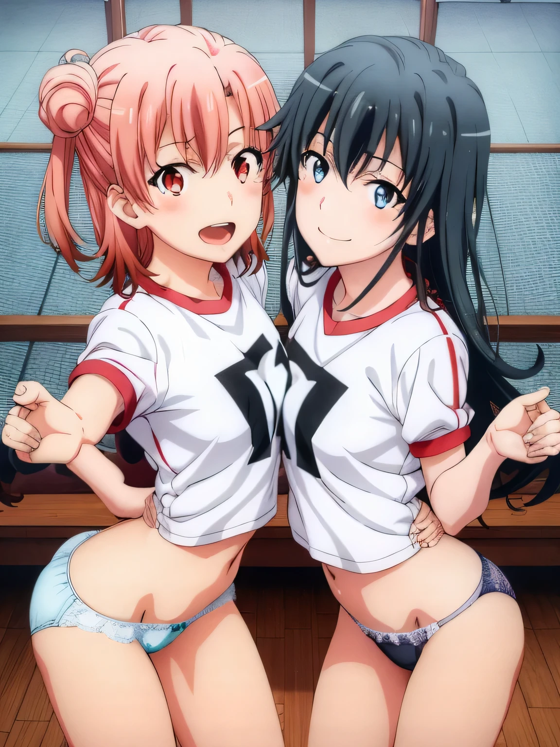 2 girls , Yukinoshita Yukino , Yuigahama Yui has a great bast and pussy, waltz dance , white gym uniform,white lace panties,Pale pink lace panties,thighs,high angle,look at the camera,smile