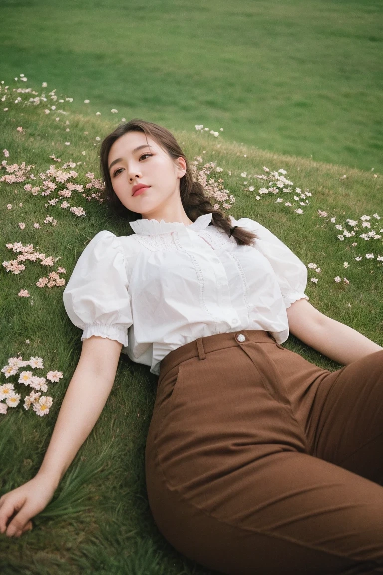 1girl,french braid,frilled shirt,lying on the grass,too many flowers,film grain,brown pants,from above,on back,dutch angle,