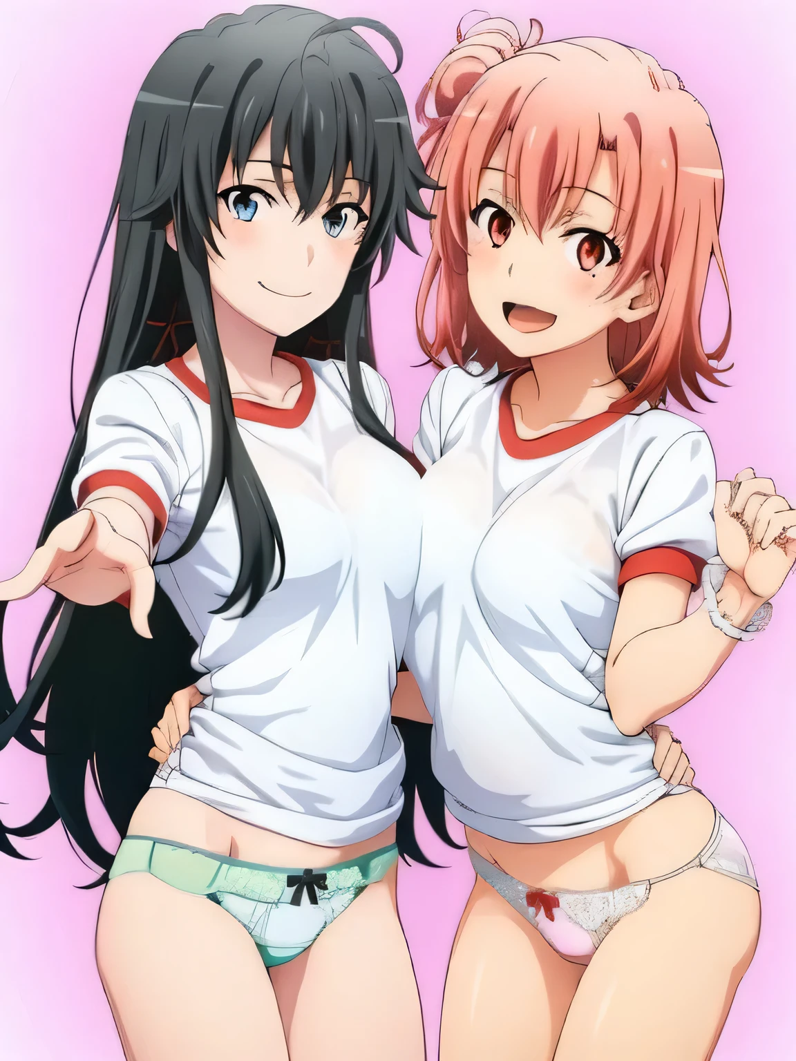 2 girls , Yukinoshita Yukino , Yuigahama Yui has a great bast and pussy, waltz dance , white gym uniform,white lace panties,Pale pink lace panties,thighs,high angle,look at the camera,smile