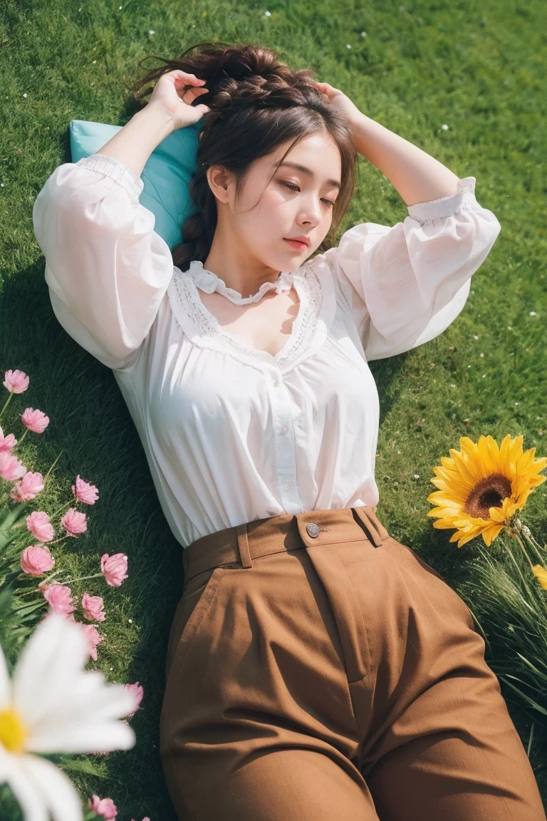 1girl,french braid,frilled shirt,lying on the grass,too many flowers,film grain,brown pants,from above,on back,dutch angle,